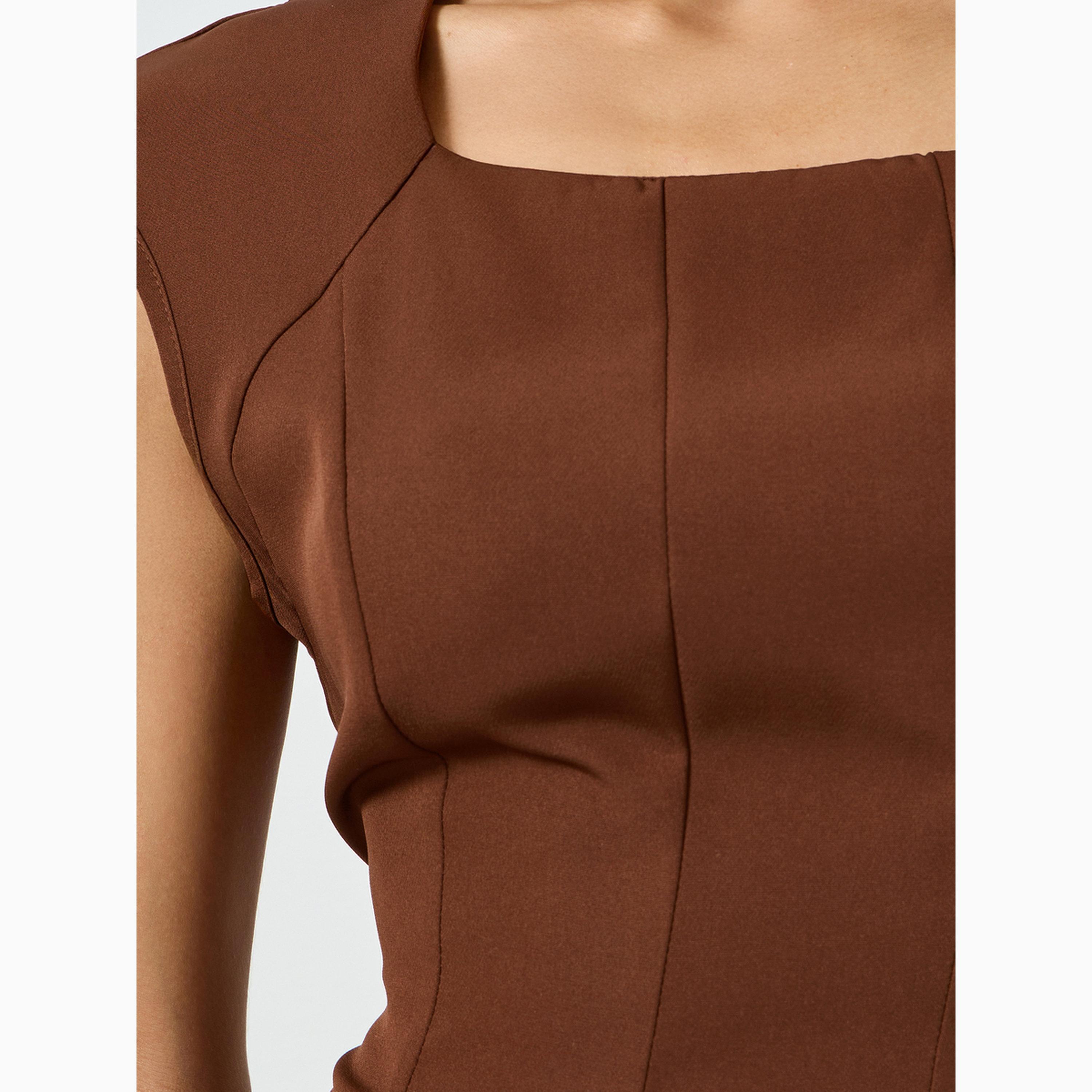 تيك تو - فستان ميدي بني اللون بياقة مربعة وقصة واسعة من الأسفل-women-clothing-dresses-image-4