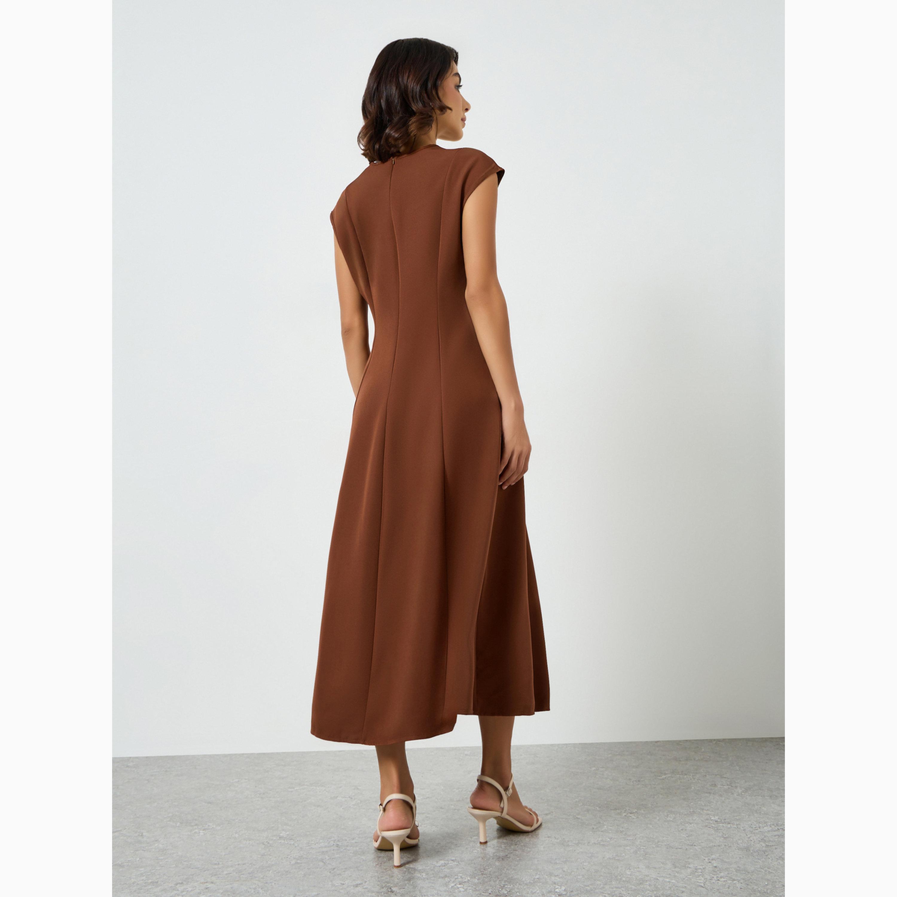 تيك تو - فستان ميدي بني اللون بياقة مربعة وقصة واسعة من الأسفل-women-clothing-dresses-image-5