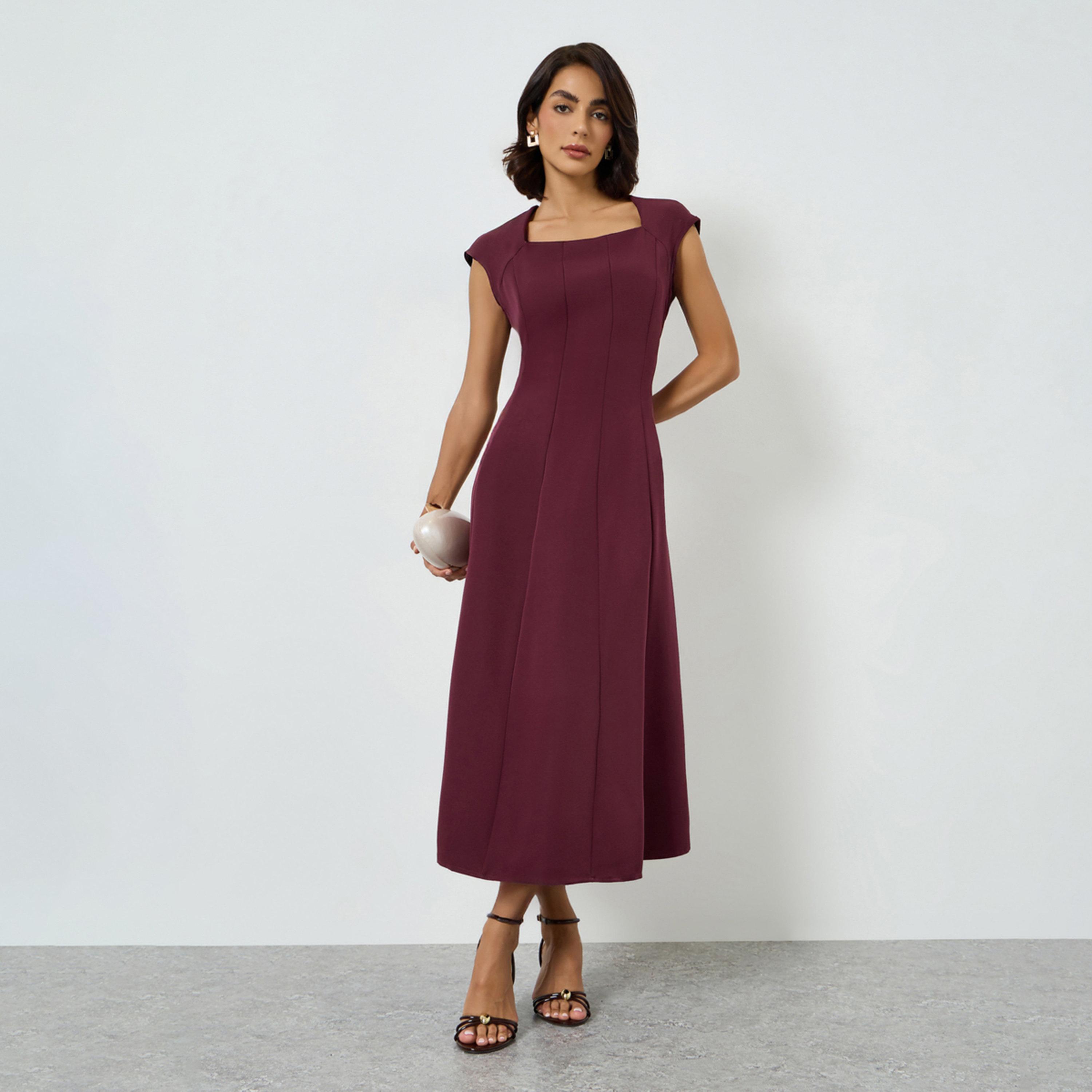 Take Two Maroon Square Neck A-Line Midi Dress-women-clothing-dresses-image-1