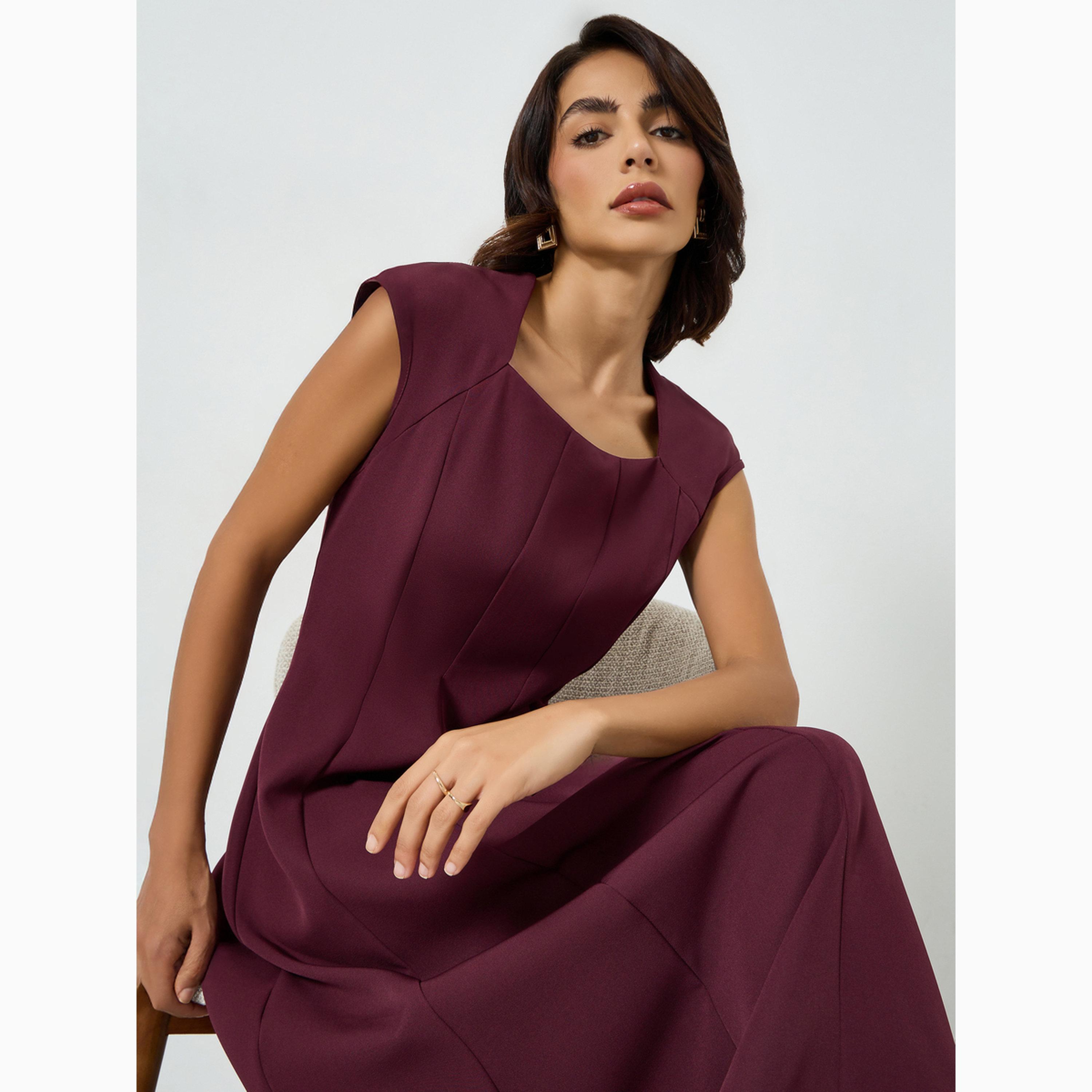 تيك تو - فستان ميدي بلون خمري بياقة مربعة وقصة واسعة من الأسفل-women-clothing-dresses-image-2