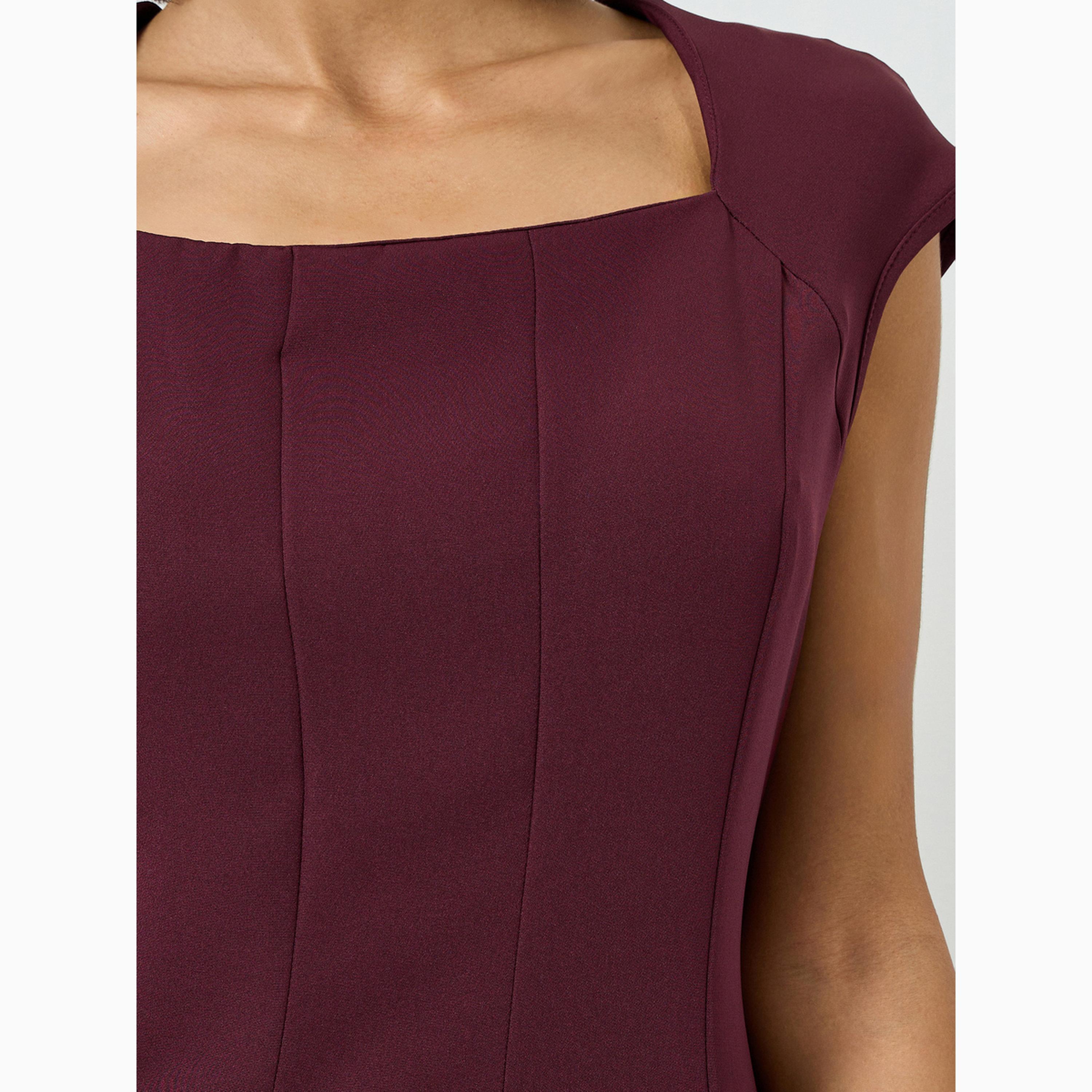 تيك تو - فستان ميدي بلون خمري بياقة مربعة وقصة واسعة من الأسفل-women-clothing-dresses-image-4