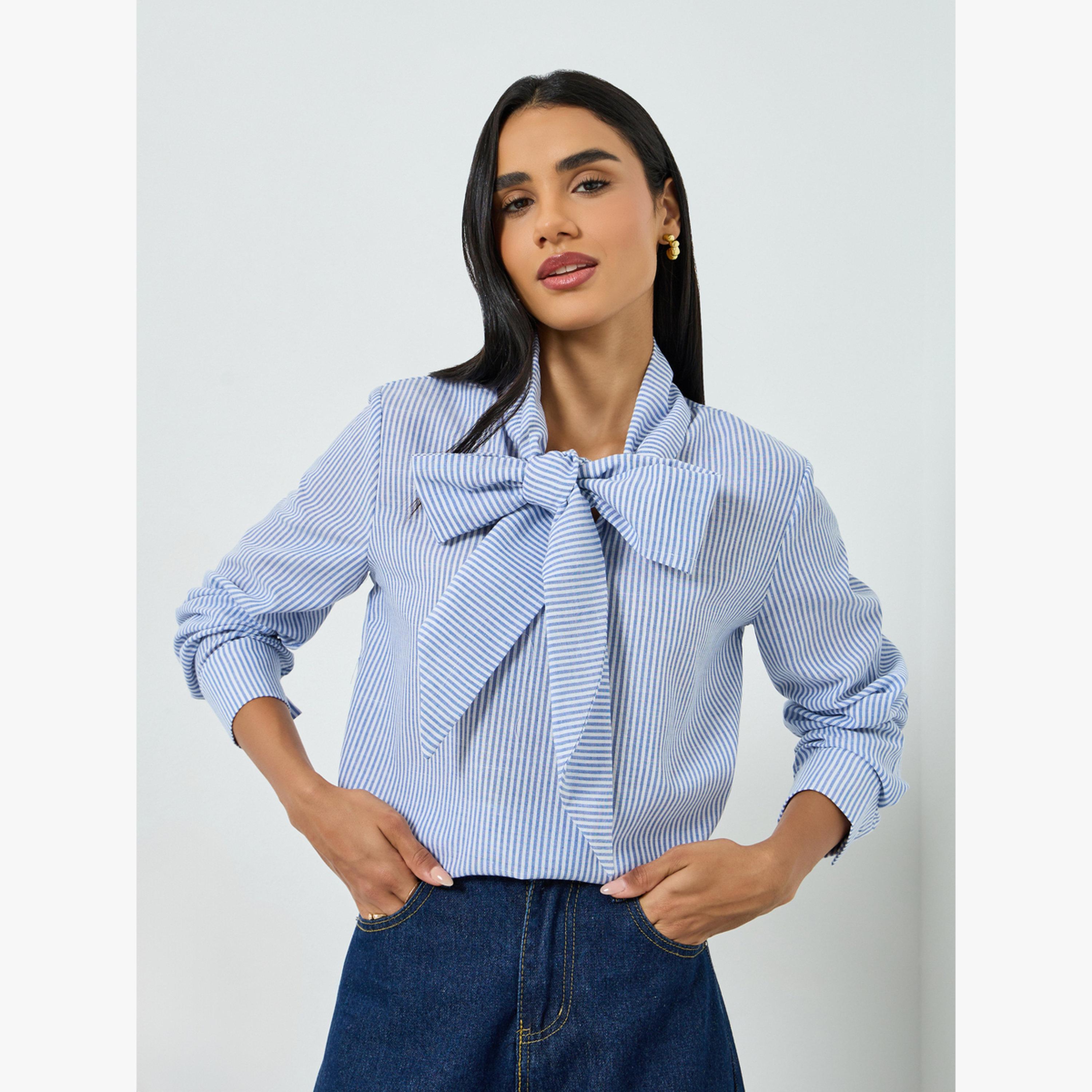 بلوزة مخططة برباط عنق-women-clothing-shirtsandblouses-blouses-image-1