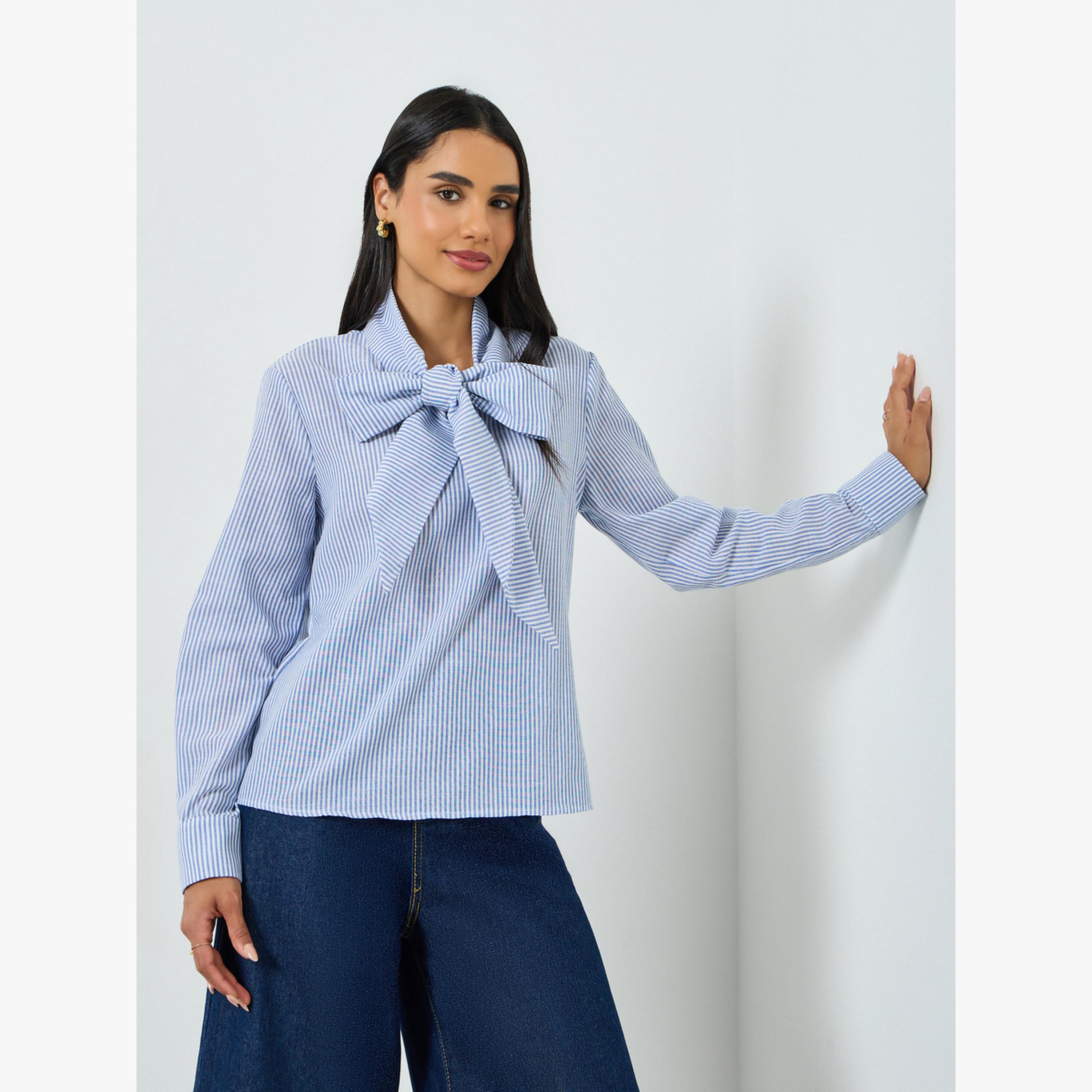 بلوزة مخططة برباط عنق-women-clothing-shirtsandblouses-blouses-image-3