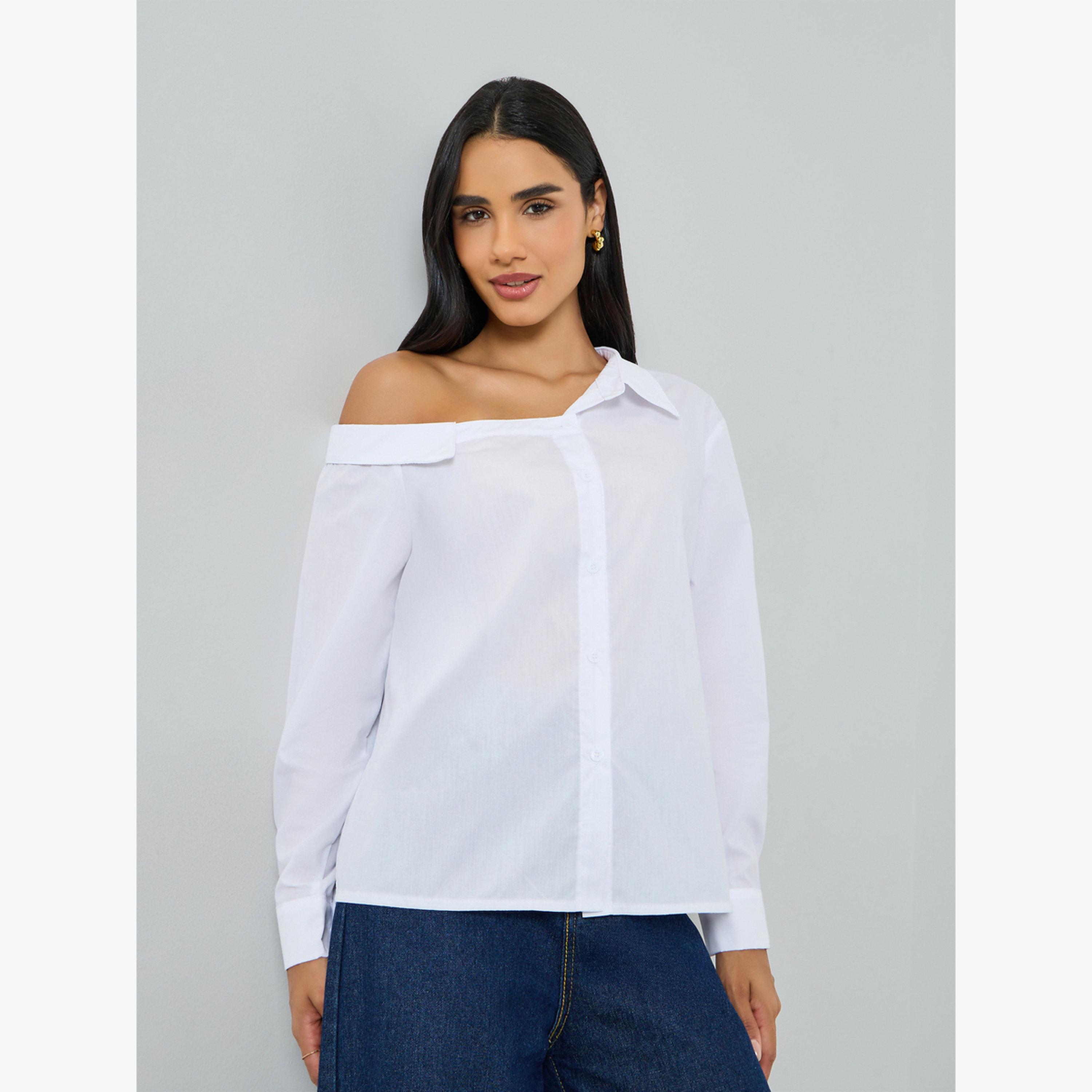 Take Two White One-Shoulder Long Sleeve Shirt-women-clothing-shirtsandblouses-blouses-image-1