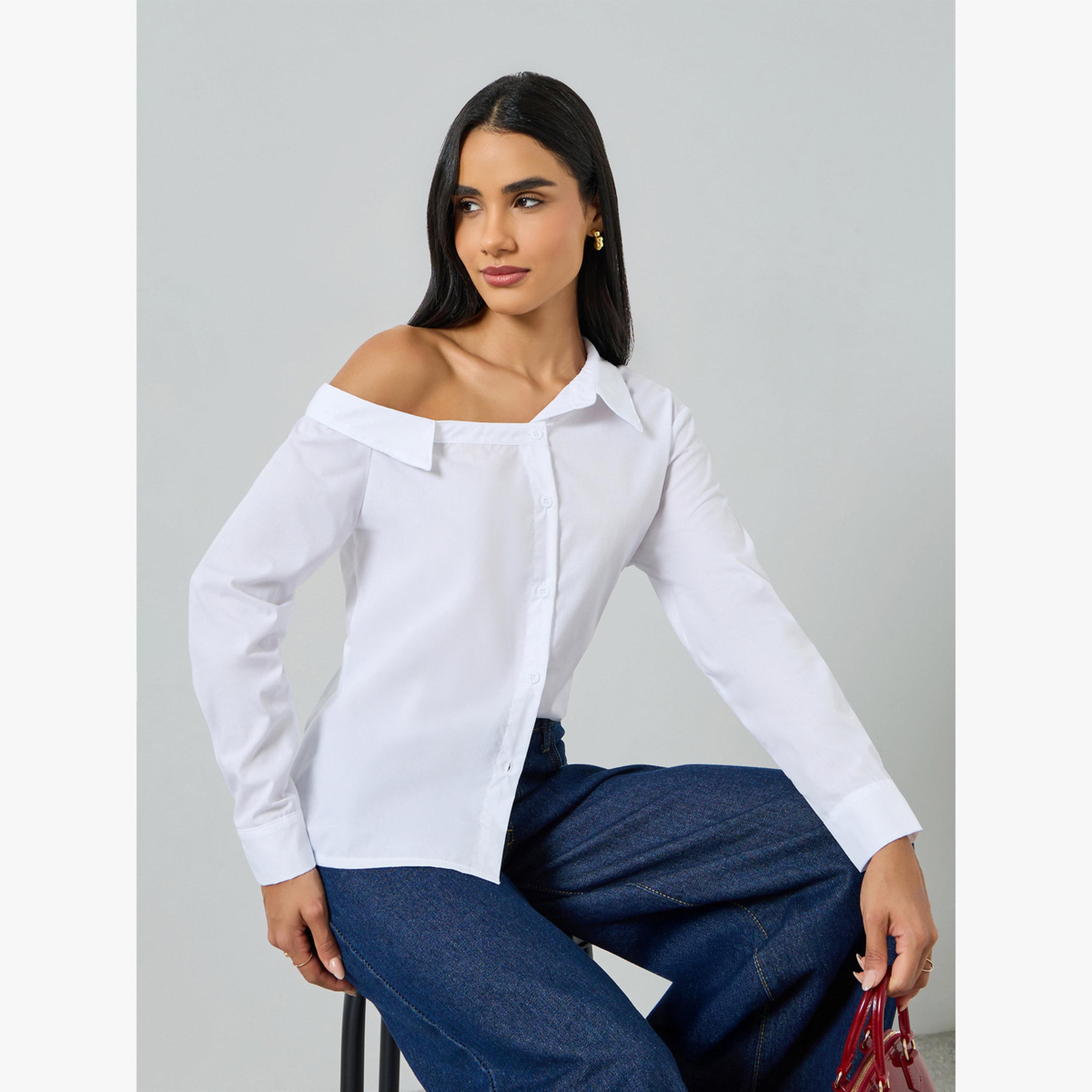 Take Two White One-Shoulder Long Sleeve Shirt-women-clothing-shirtsandblouses-blouses-image-4