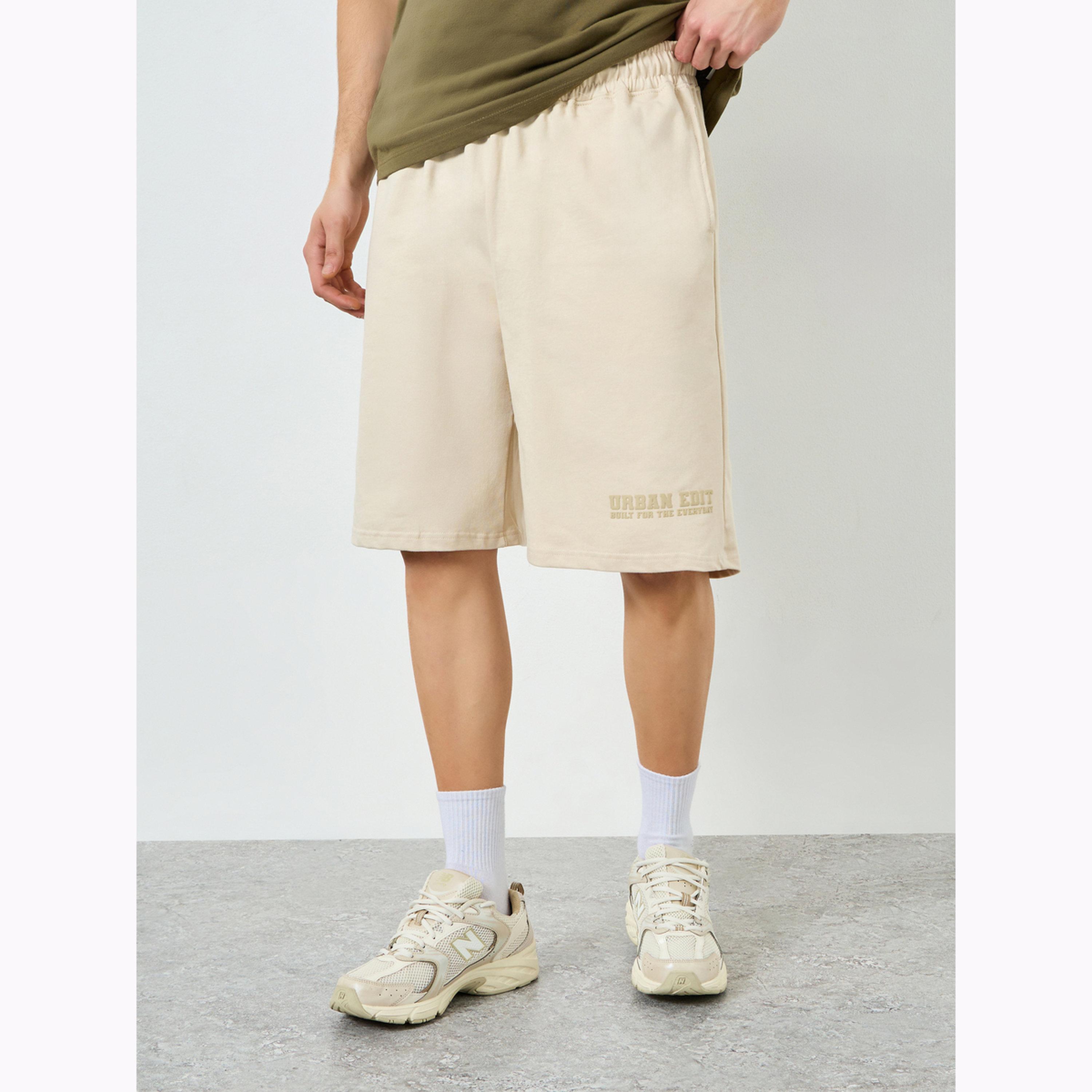 Styli Men Beige Placement Print Oversized Shorts-men-clothing-bottoms-shorts-image-1