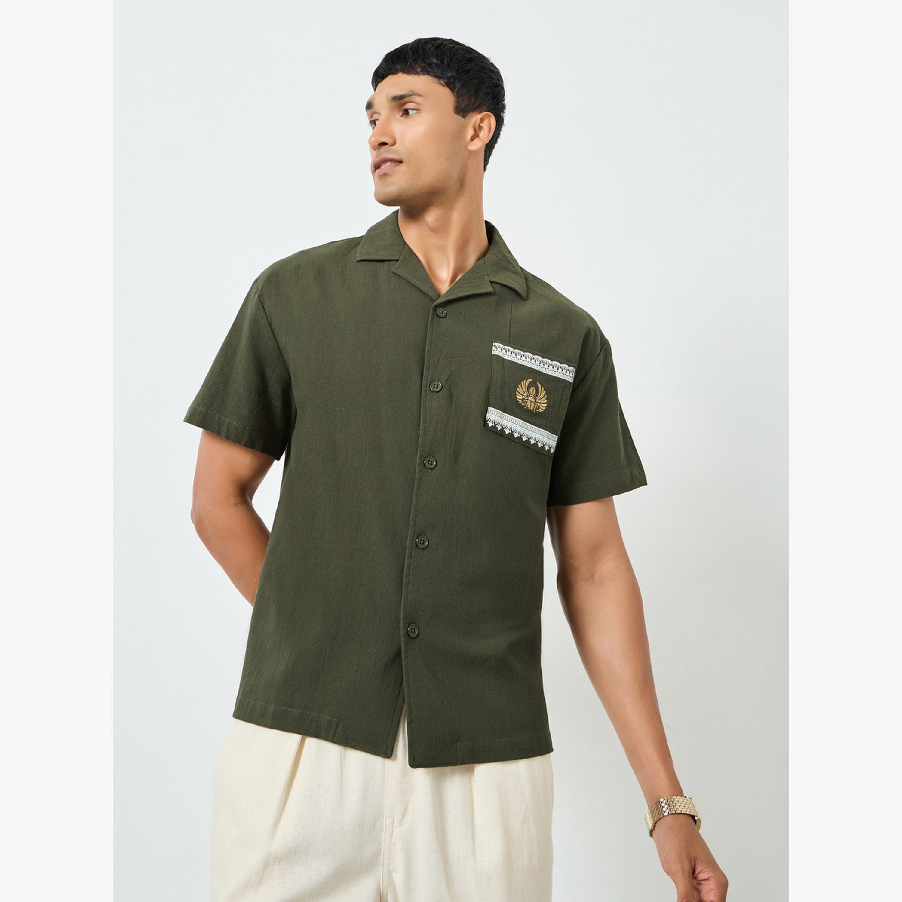 Styli Men Olive Embroidered linen Shirt-men-clothing-shirts-image-1