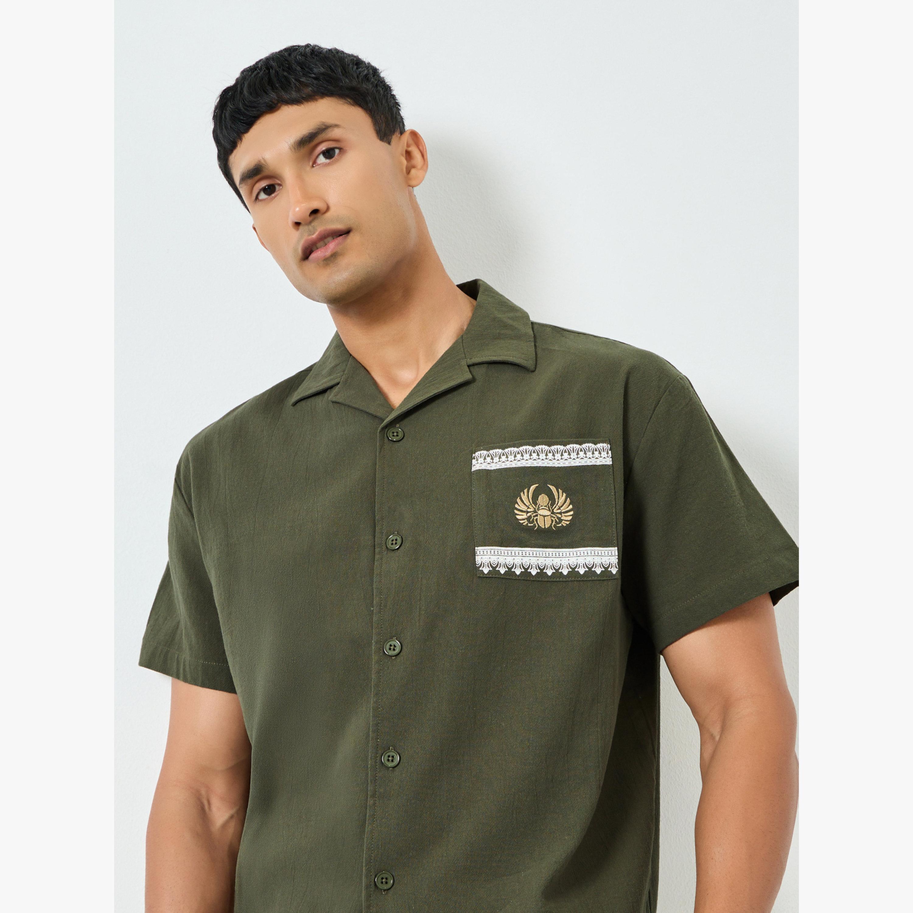 Styli Men Olive Embroidered linen Shirt-men-clothing-shirts-image-3