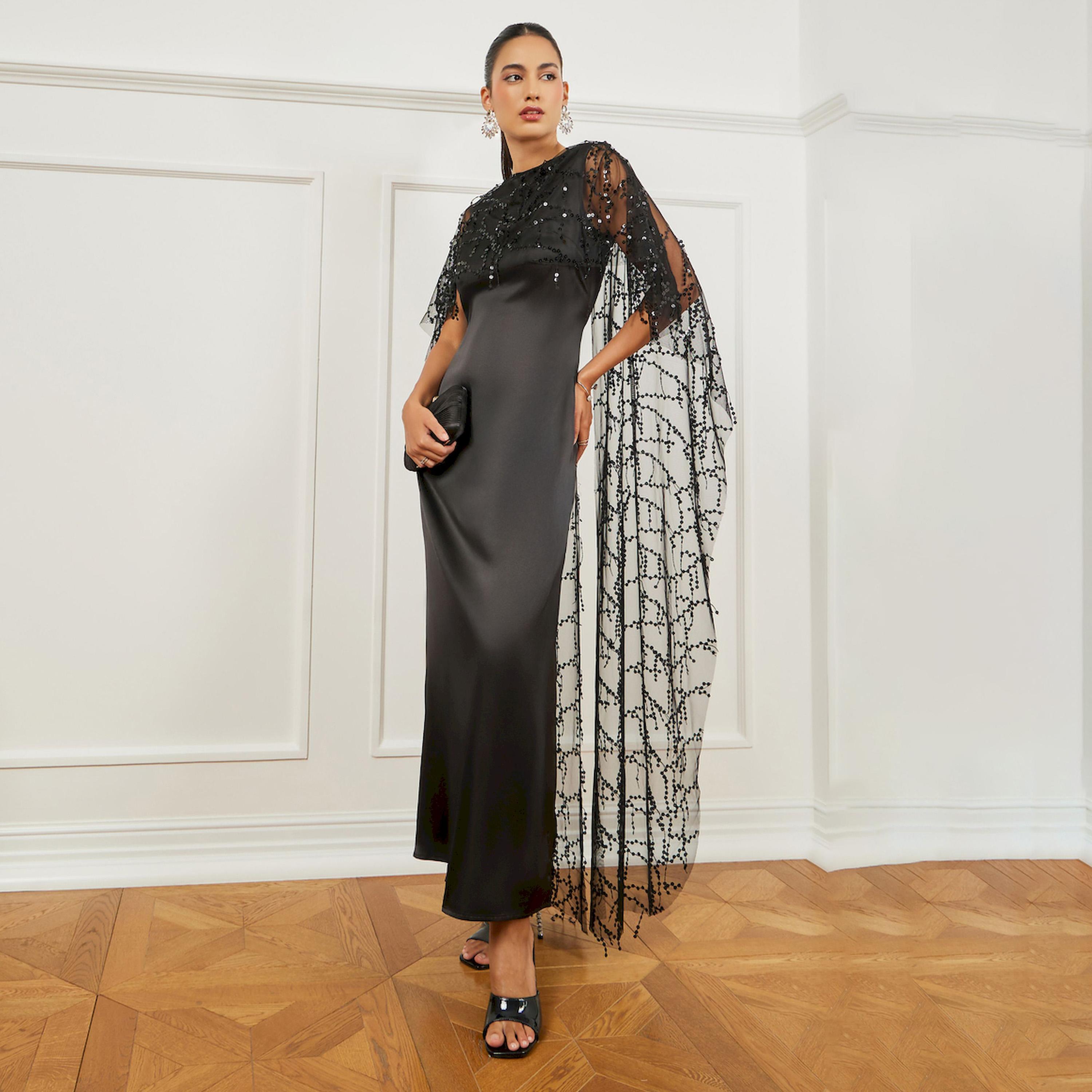 Styli Black Embellished Cape Maxi Dress-women-clothing-dresses-image-1