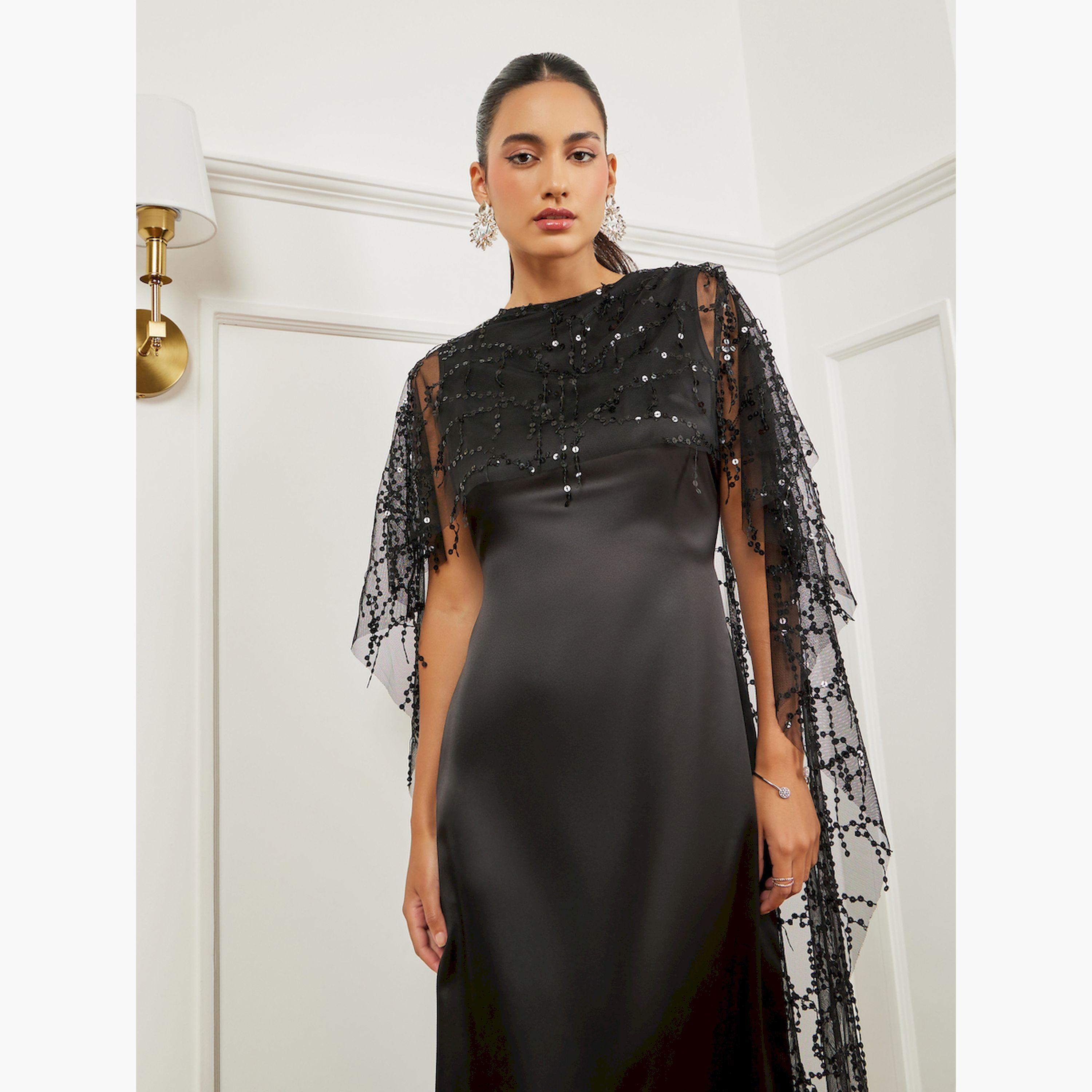 Styli Black Embellished Cape Maxi Dress-women-clothing-dresses-image-2