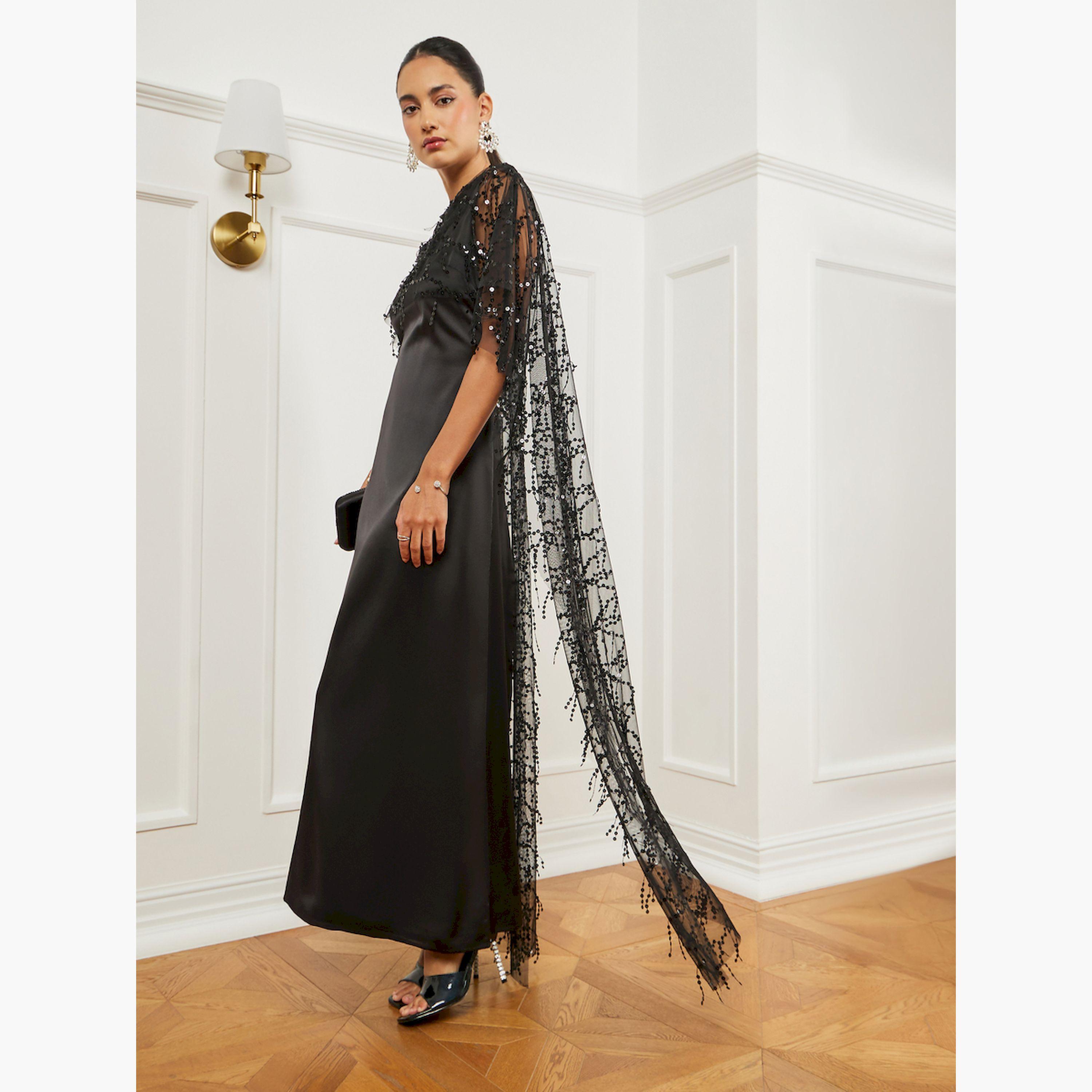 Styli Black Embellished Cape Maxi Dress-women-clothing-dresses-image-3
