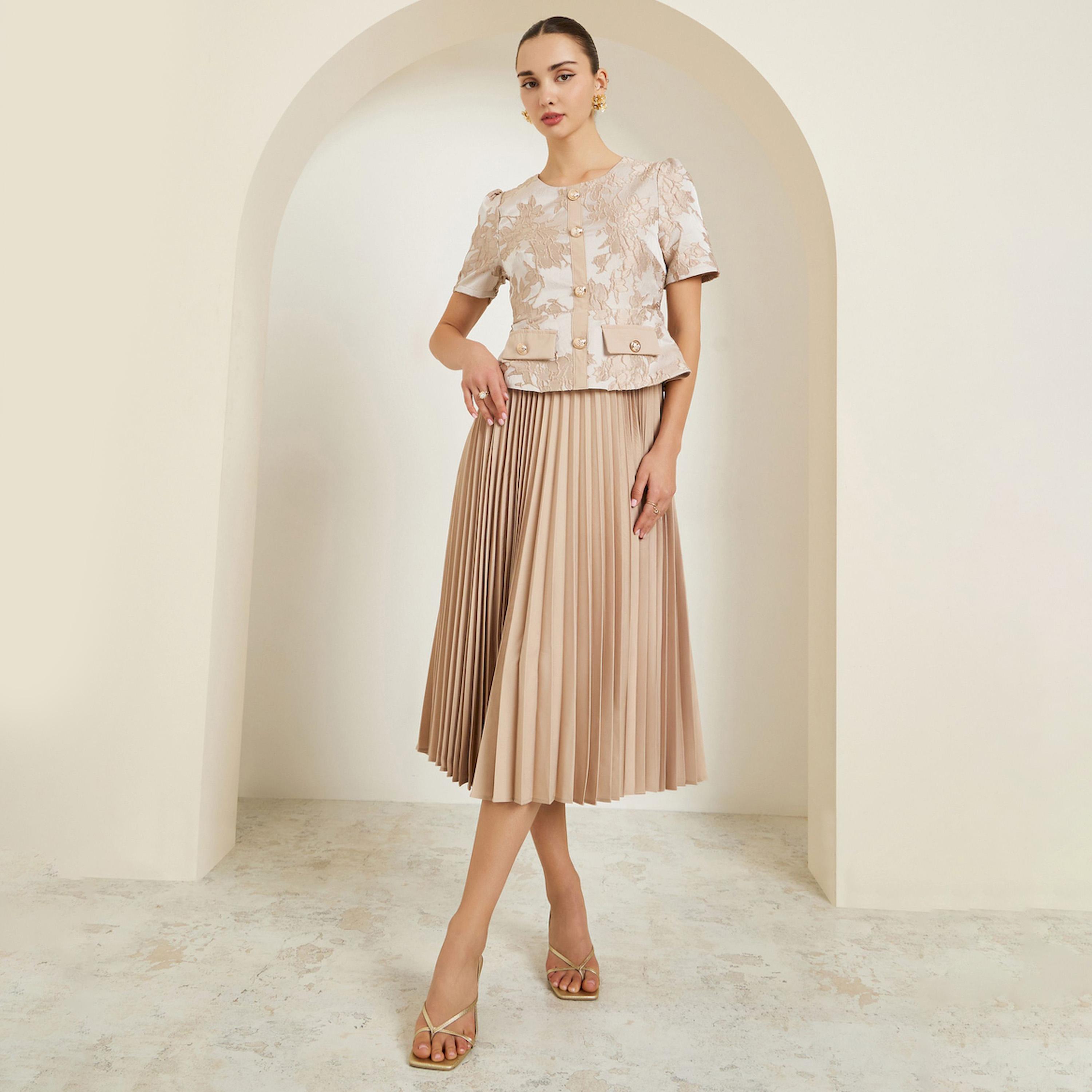 Styli Beige Jacquard Pleated A-Line Midi Dress-women-clothing-dresses-image-1