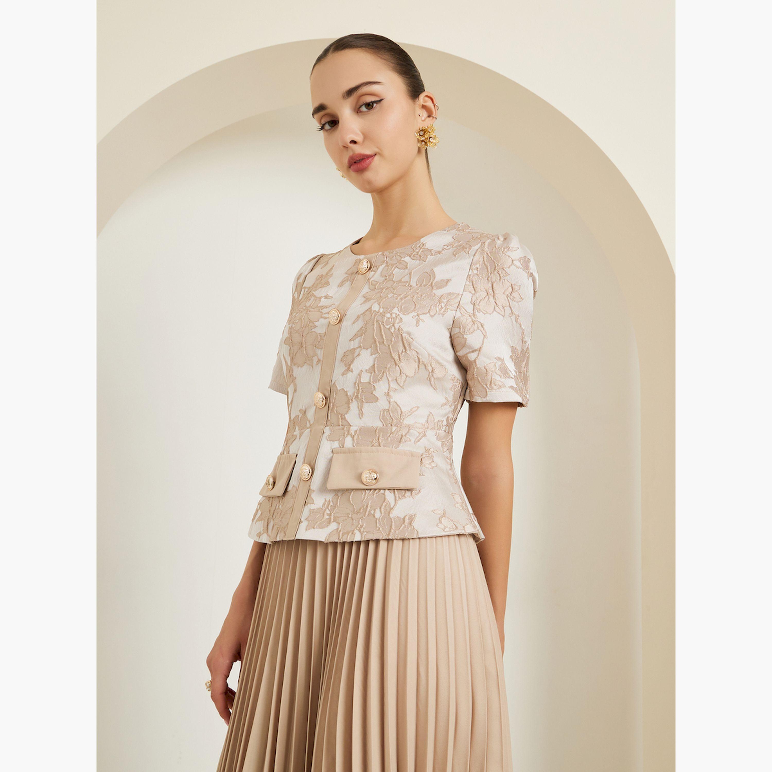 Styli Beige Jacquard Pleated A-Line Midi Dress-women-clothing-dresses-image-2