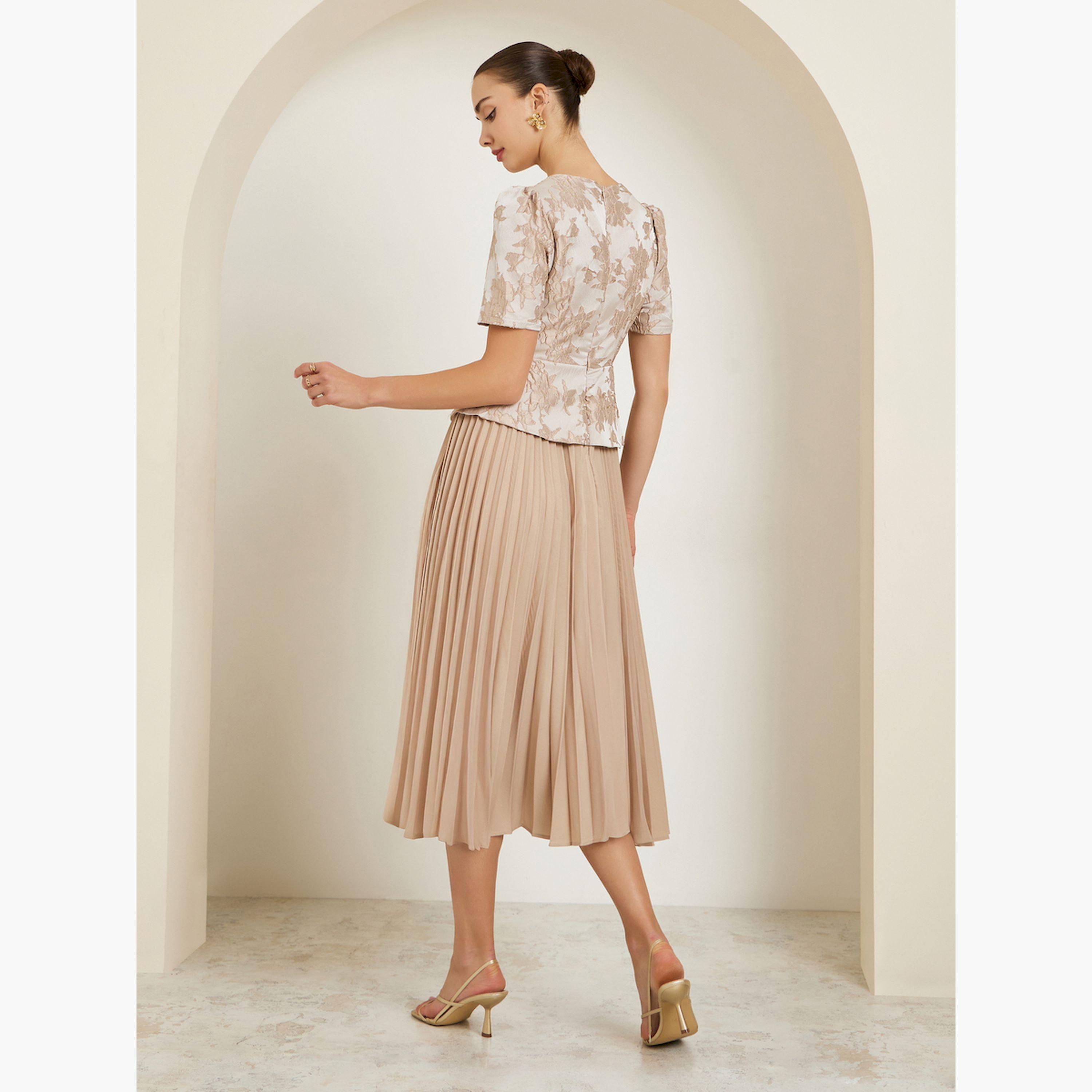 Styli Beige Jacquard Pleated A-Line Midi Dress-women-clothing-dresses-image-4