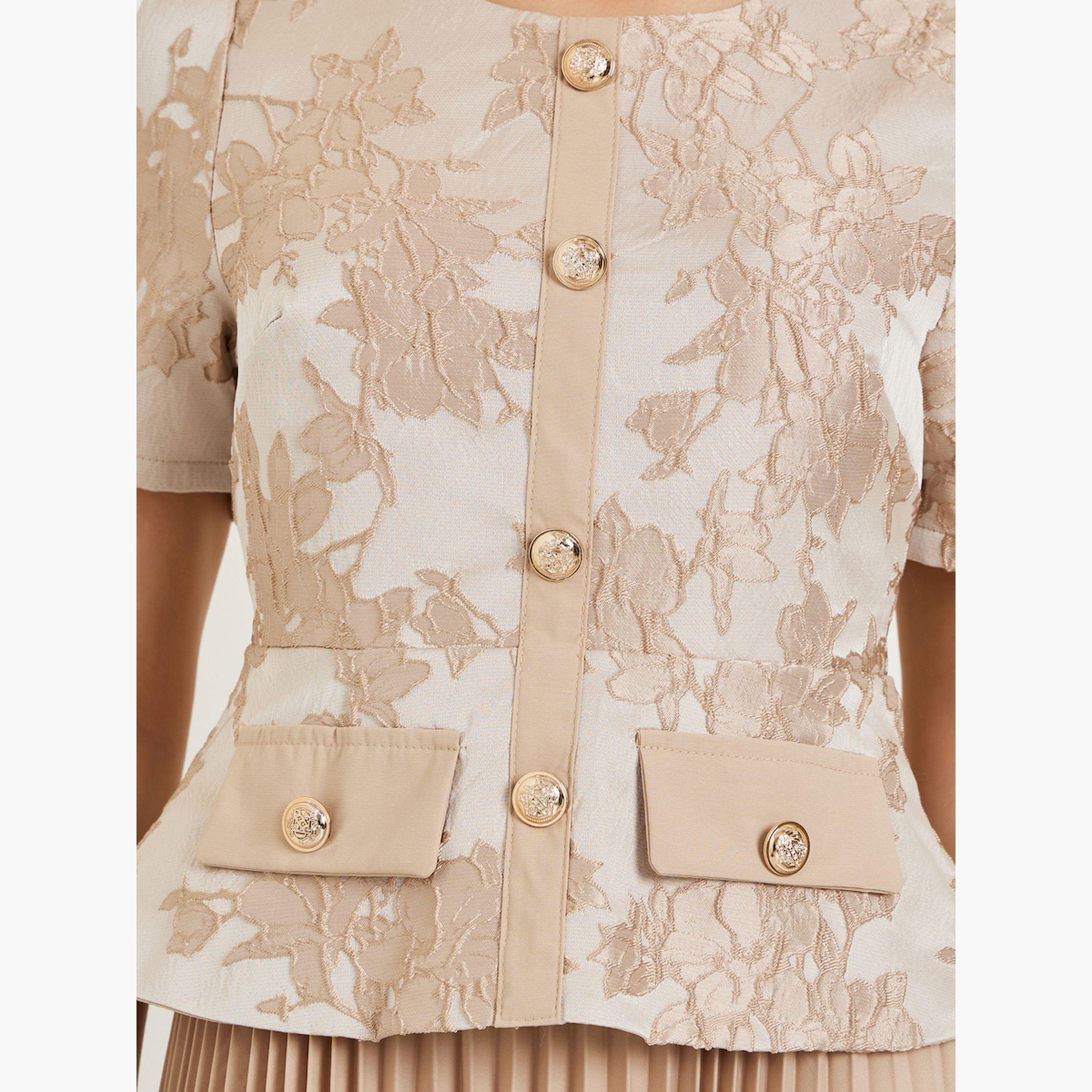 Styli Beige Jacquard Pleated A-Line Midi Dress-women-clothing-dresses-image-5