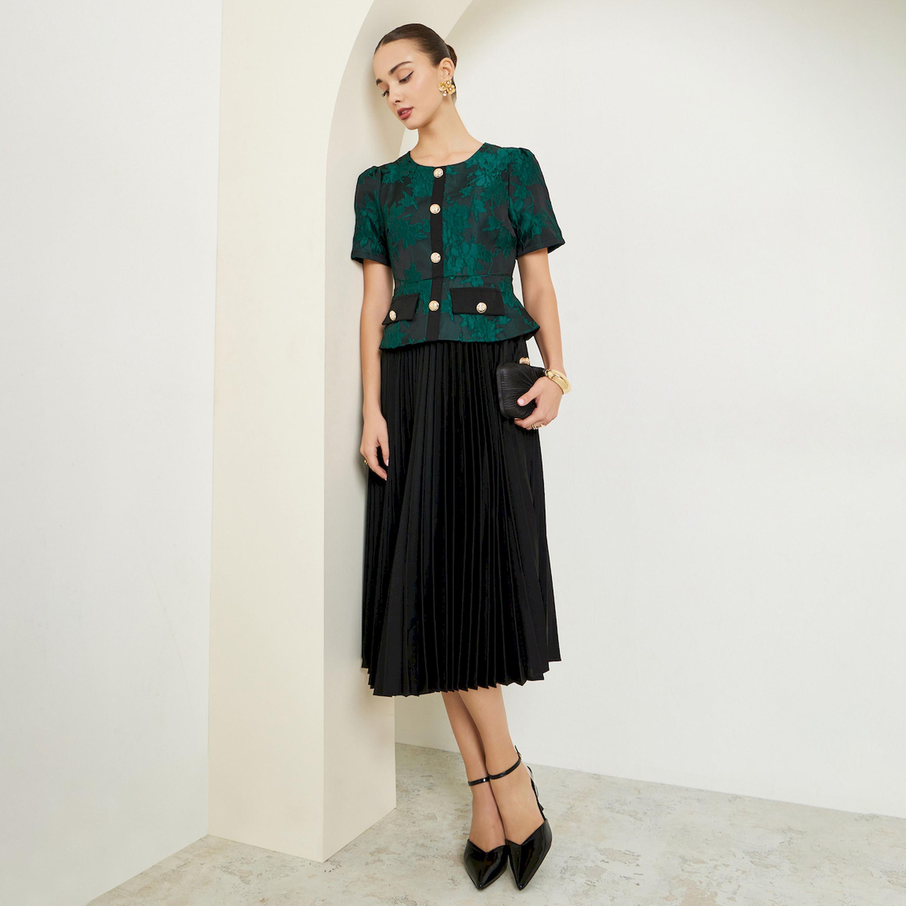Styli Green Jacquard Pleated A-Line Midi Dress-women-clothing-dresses-image-1