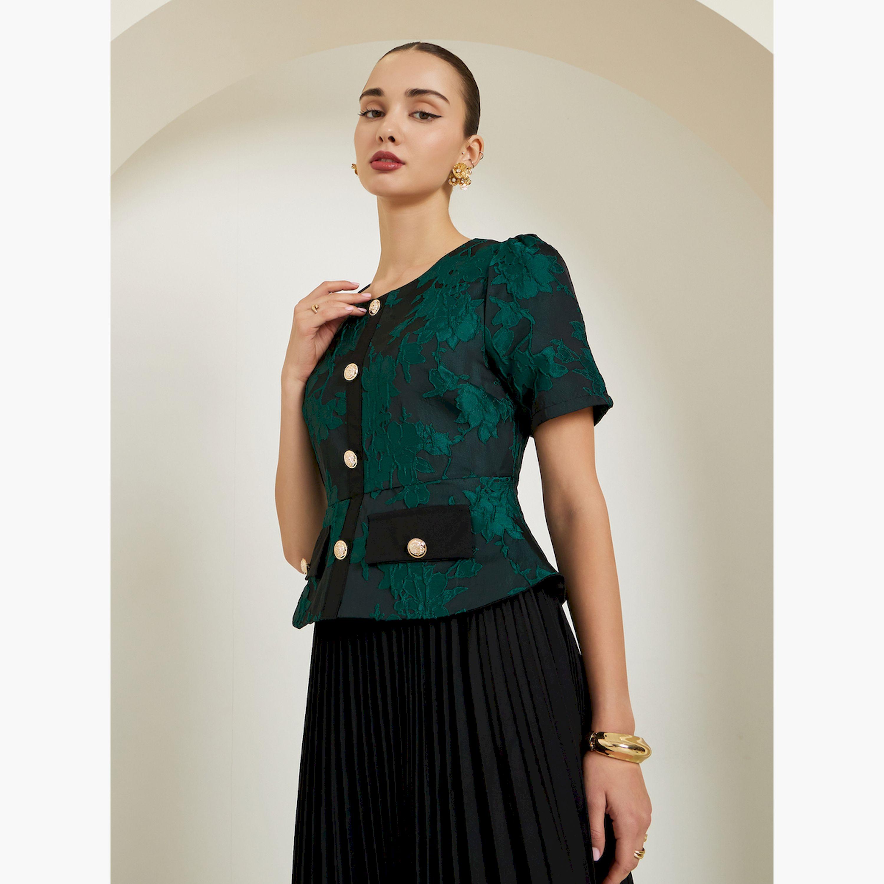 فستان ميدي بحافة واسعة جاكار بكسرات-women-clothing-dresses-image-2