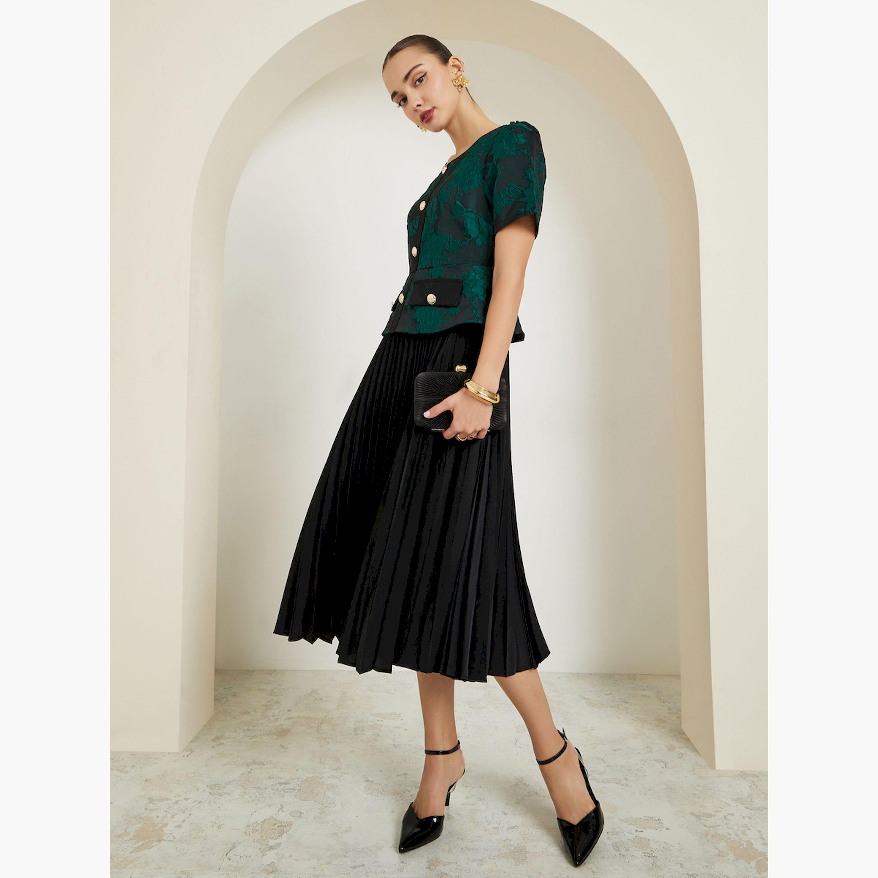 Styli Green Jacquard Pleated A-Line Midi Dress-women-clothing-dresses-image-3