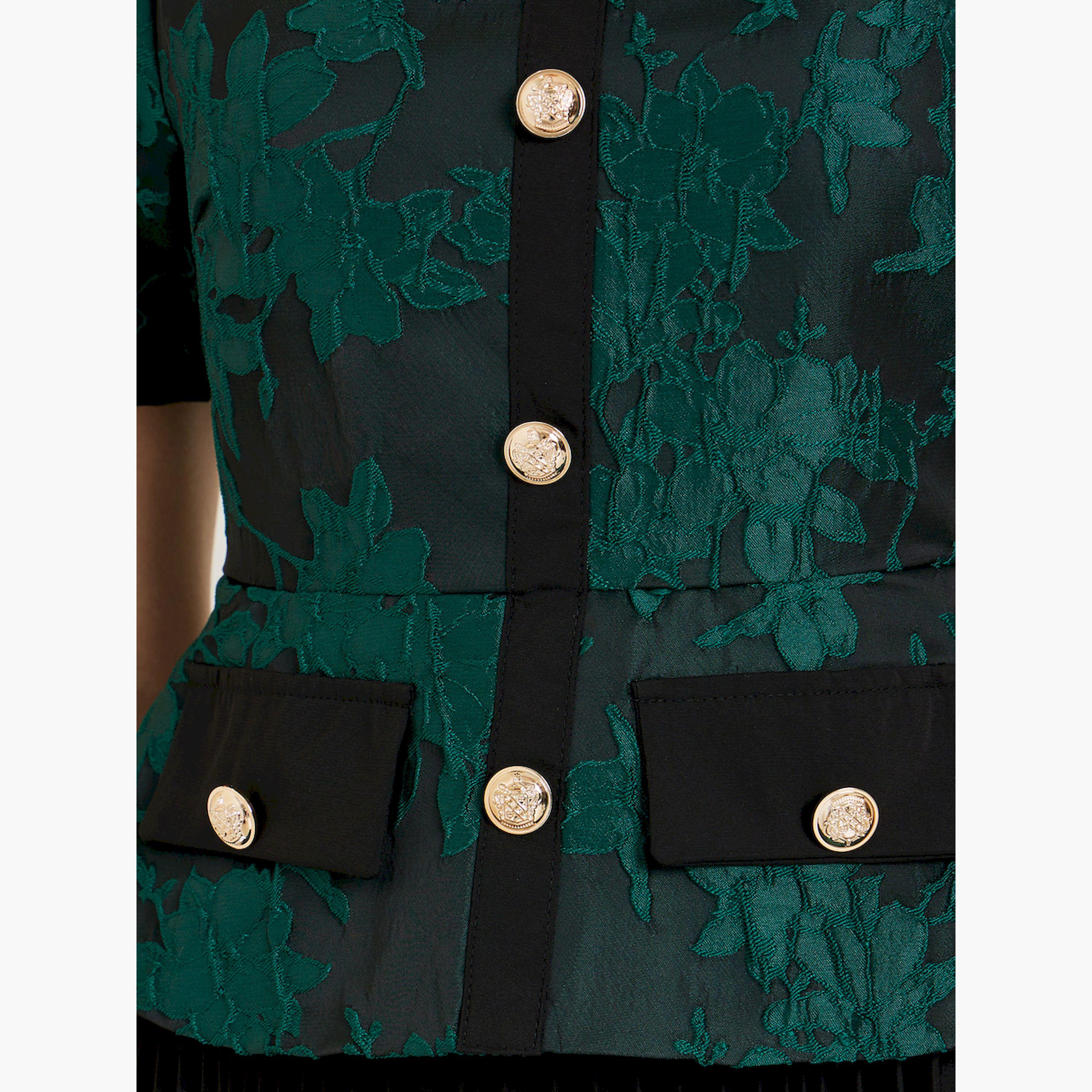 Styli Green Jacquard Pleated A-Line Midi Dress-women-clothing-dresses-image-5