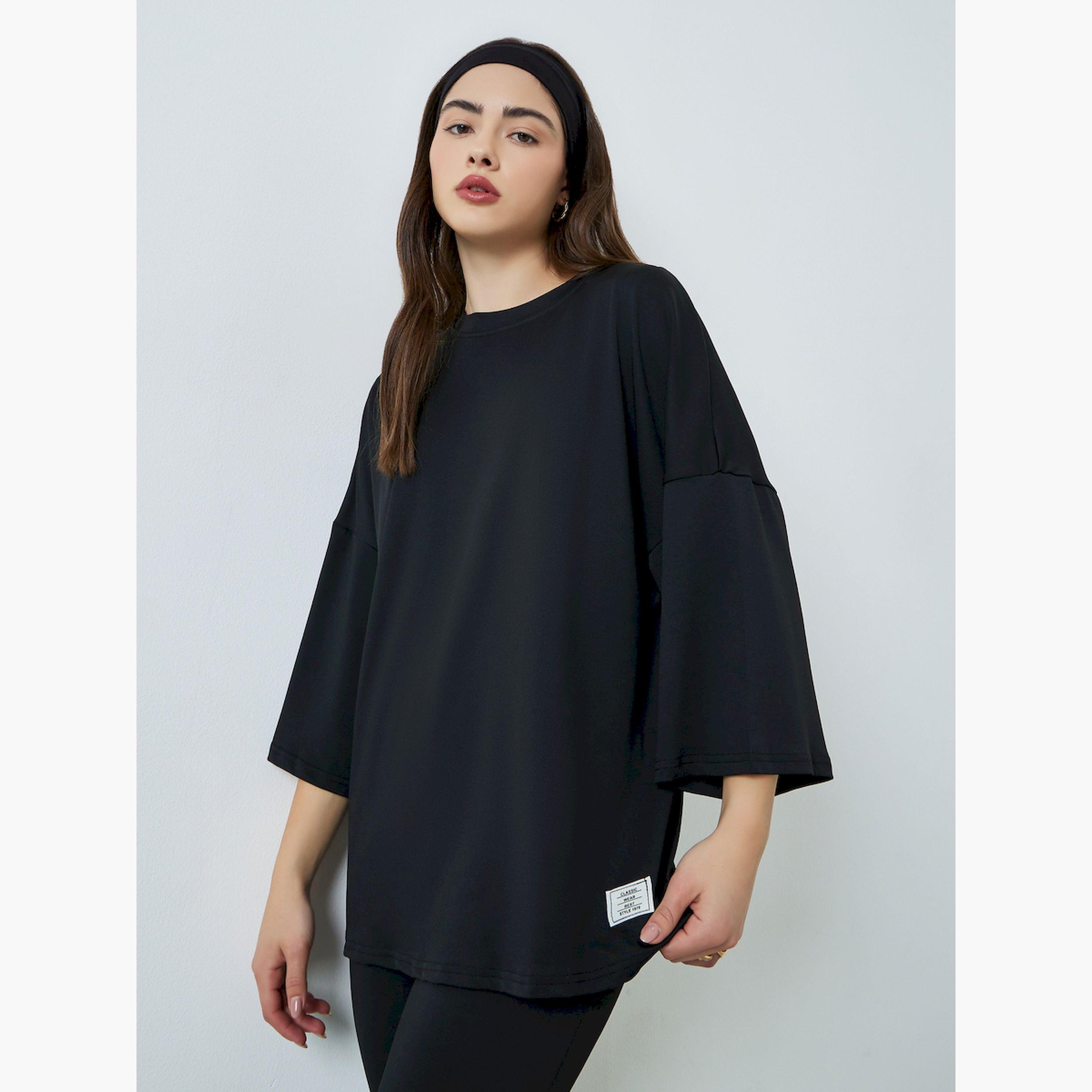طقم منسق تيشيرت بأكتاف منسدلة وليقنز لون أسود-women-clothing-coordsets-image-3
