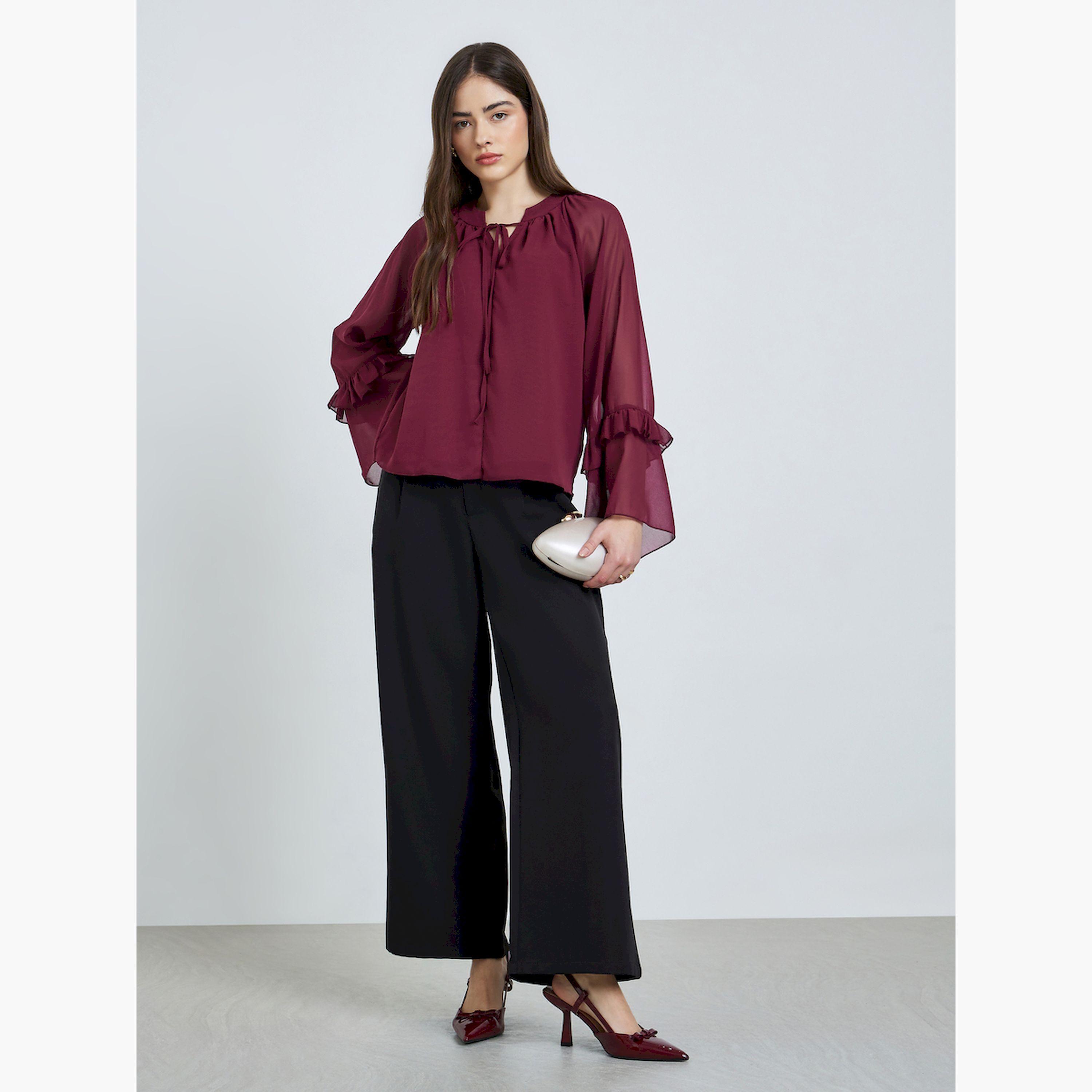 Styli Burgundy Chiffon Ruffle Sleeve Blouse-women-clothing-shirtsandblouses-blouses-image-3