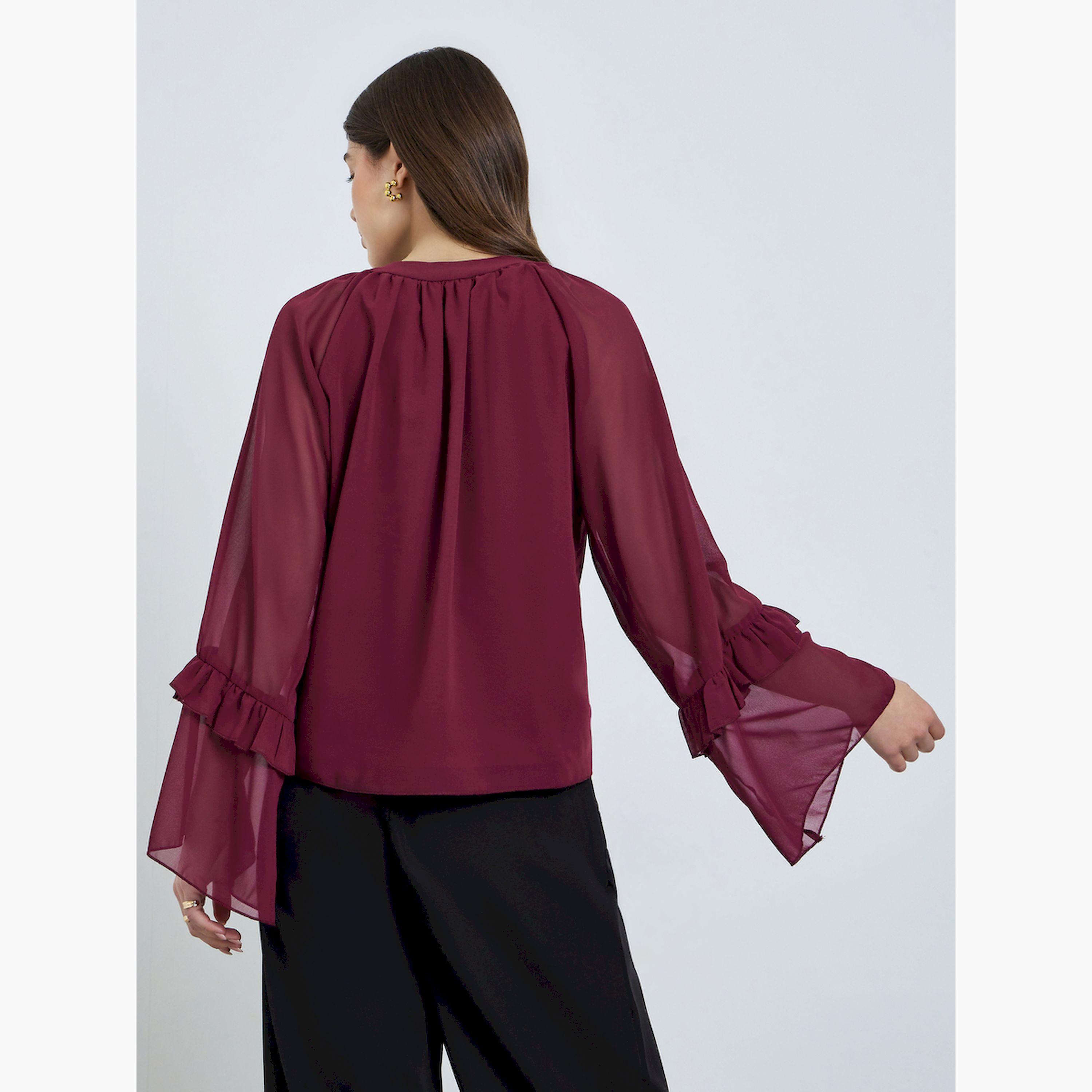 Styli Burgundy Chiffon Ruffle Sleeve Blouse-women-clothing-shirtsandblouses-blouses-image-5