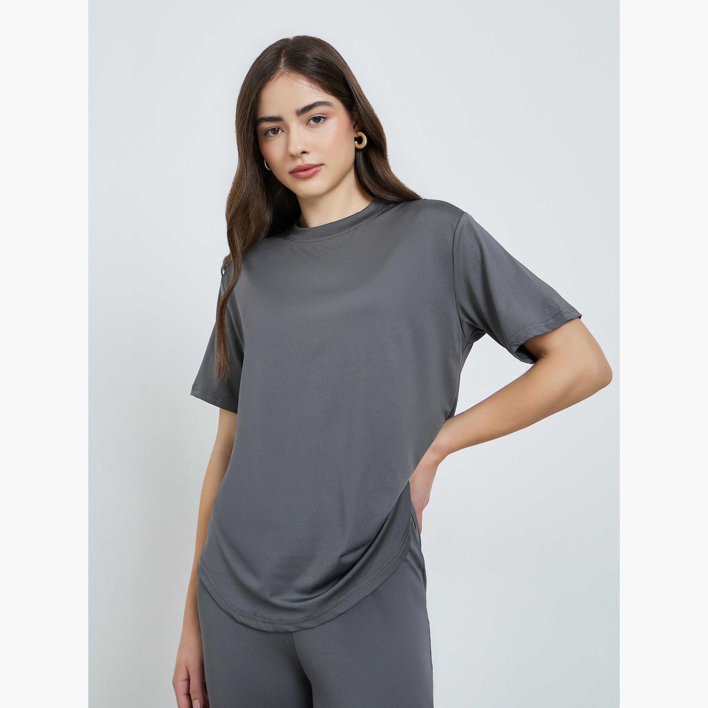 طقم منسق تيشيرت بحافة منحنية وليقنز لون رمادي-women-clothing-coordsets-image-2