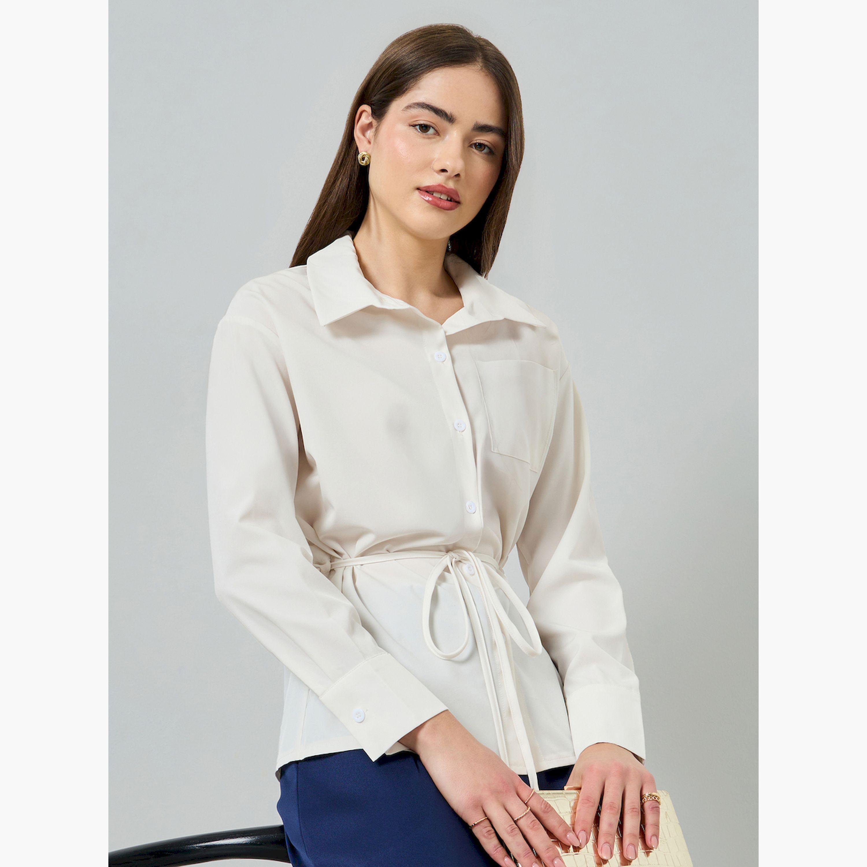 Styli Cream Long Sleeve Shirt with Tie Waist-women-clothing-shirtsandblouses-shirts-image-3