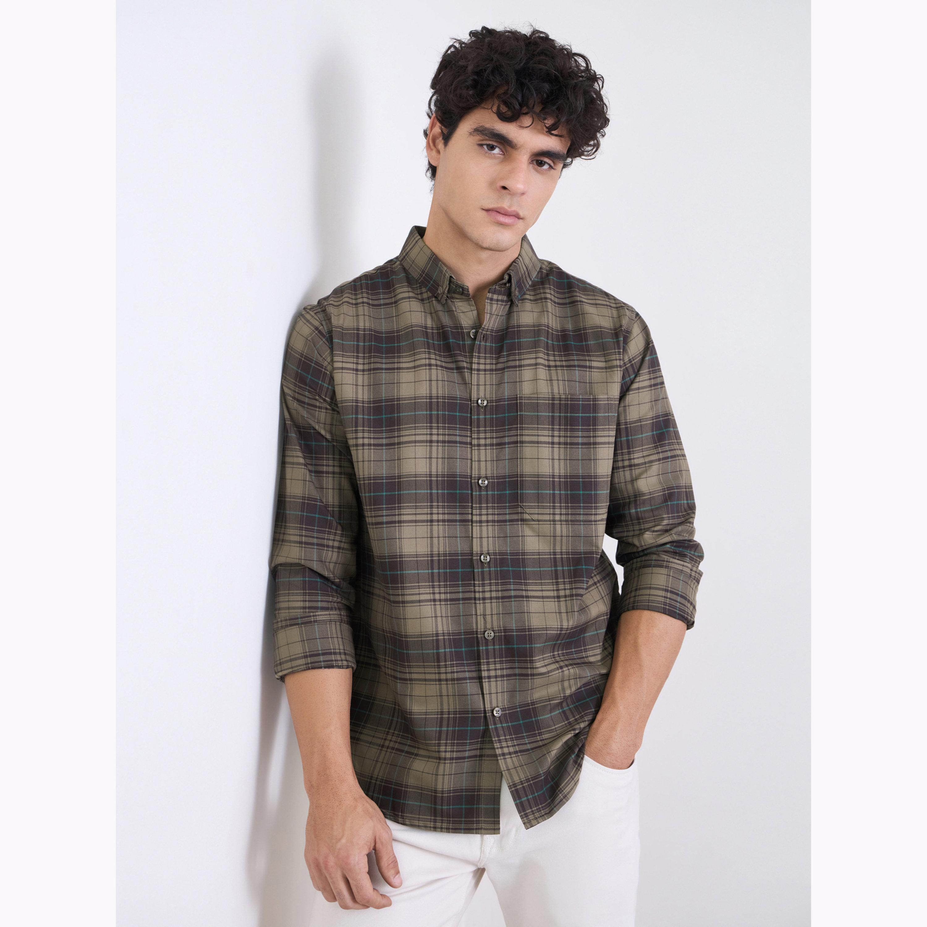 Styli Men Brown Checked Long Sleeves Regular Fit Shirt-men-clothing-shirts-image-1