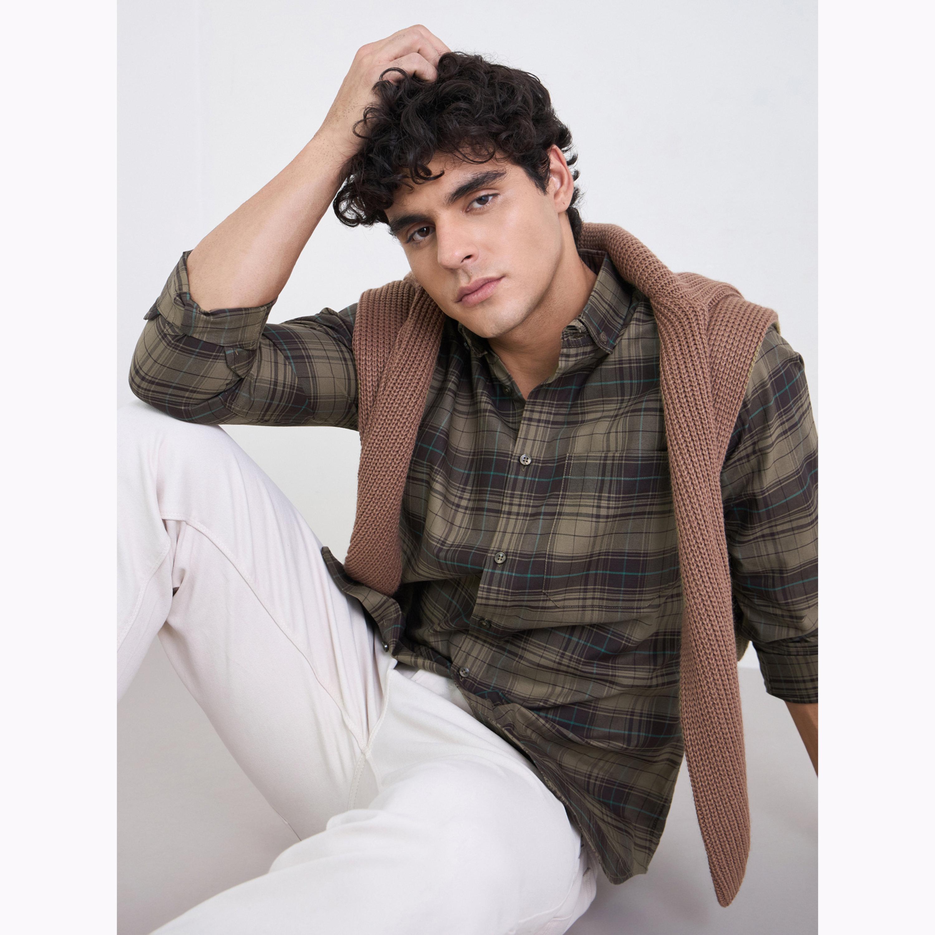 Styli Men Brown Checked Long Sleeves Regular Fit Shirt-men-clothing-shirts-image-3