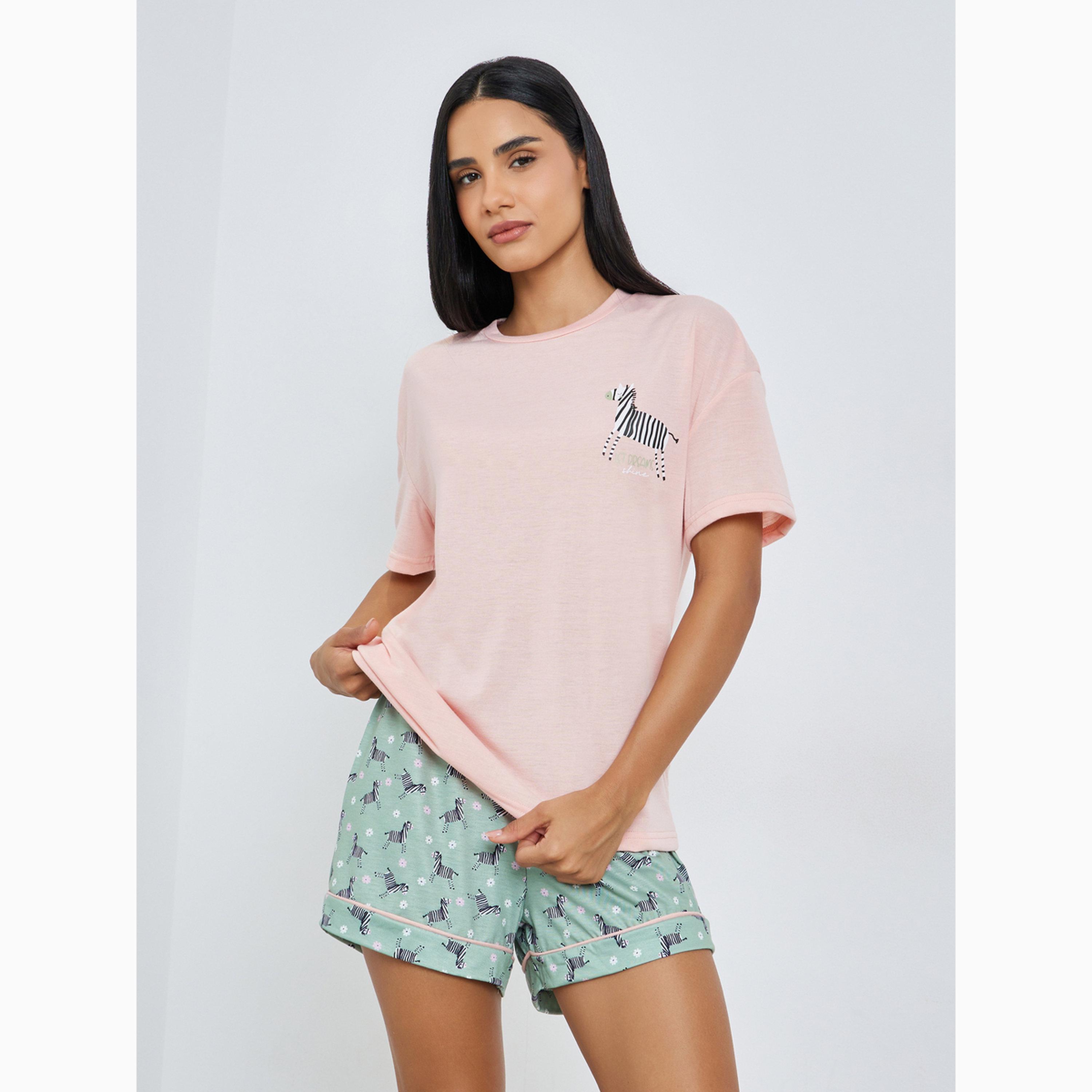 Styli Zebra Graphic Drop Shoulder T-Shirt and Shorts Set-women-clothing-nightwear-pyjamas-shortsets-image-1