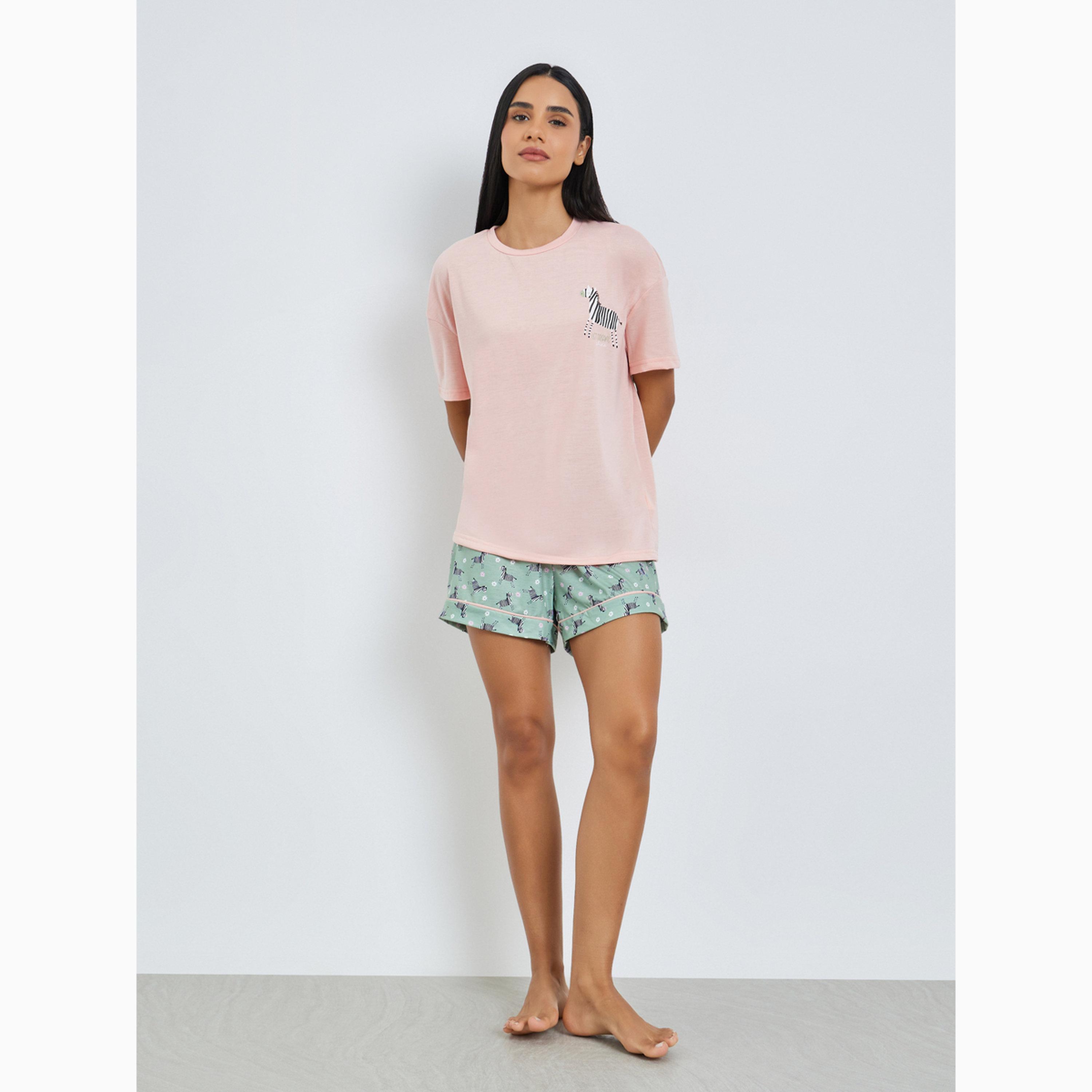 Styli Zebra Graphic Drop Shoulder T-Shirt and Shorts Set-women-clothing-nightwear-pyjamas-shortsets-image-2