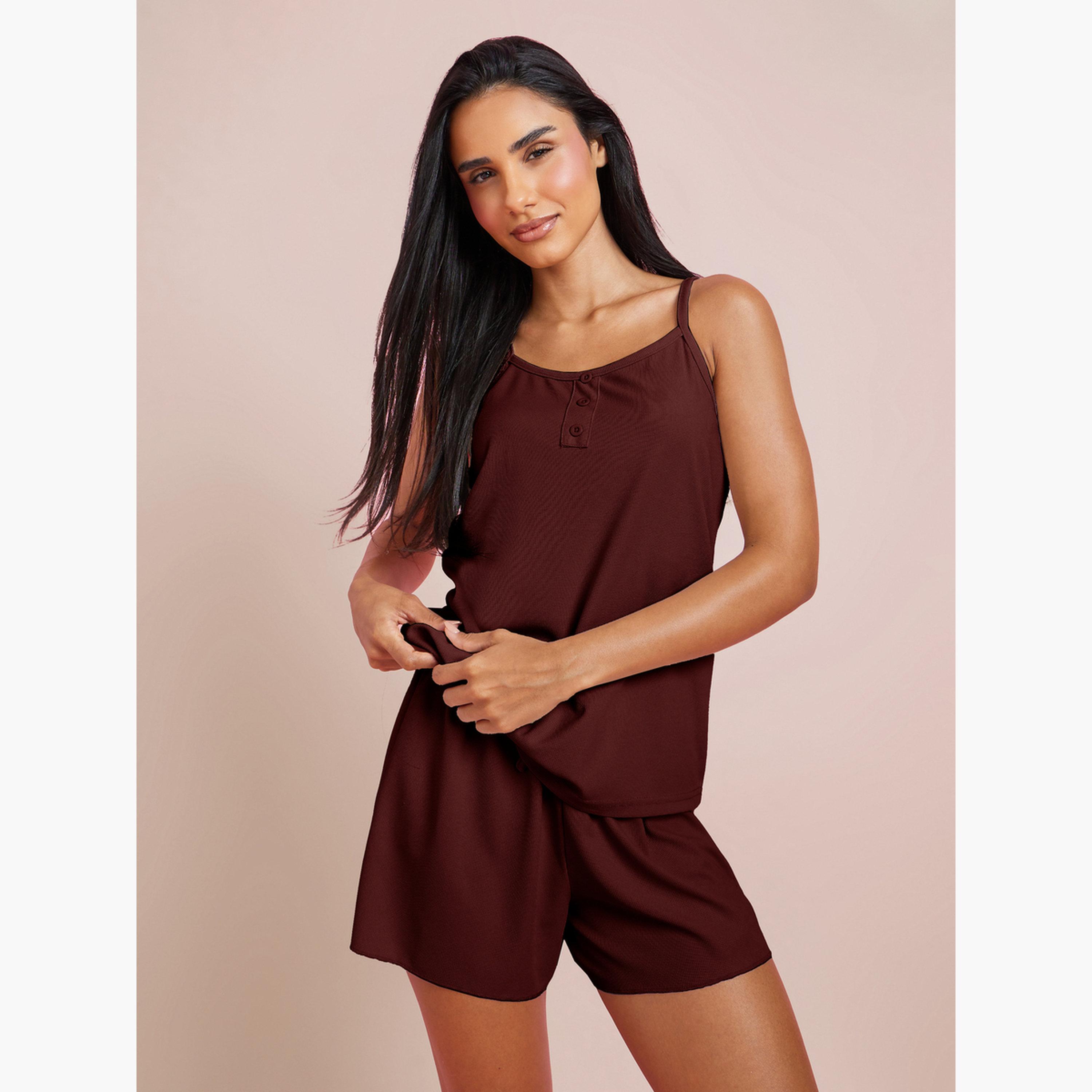 Styli Burgundy Waffle Placket Cami and Shorts Set-women-clothing-nightwear-pyjamas-shortsets-image-1