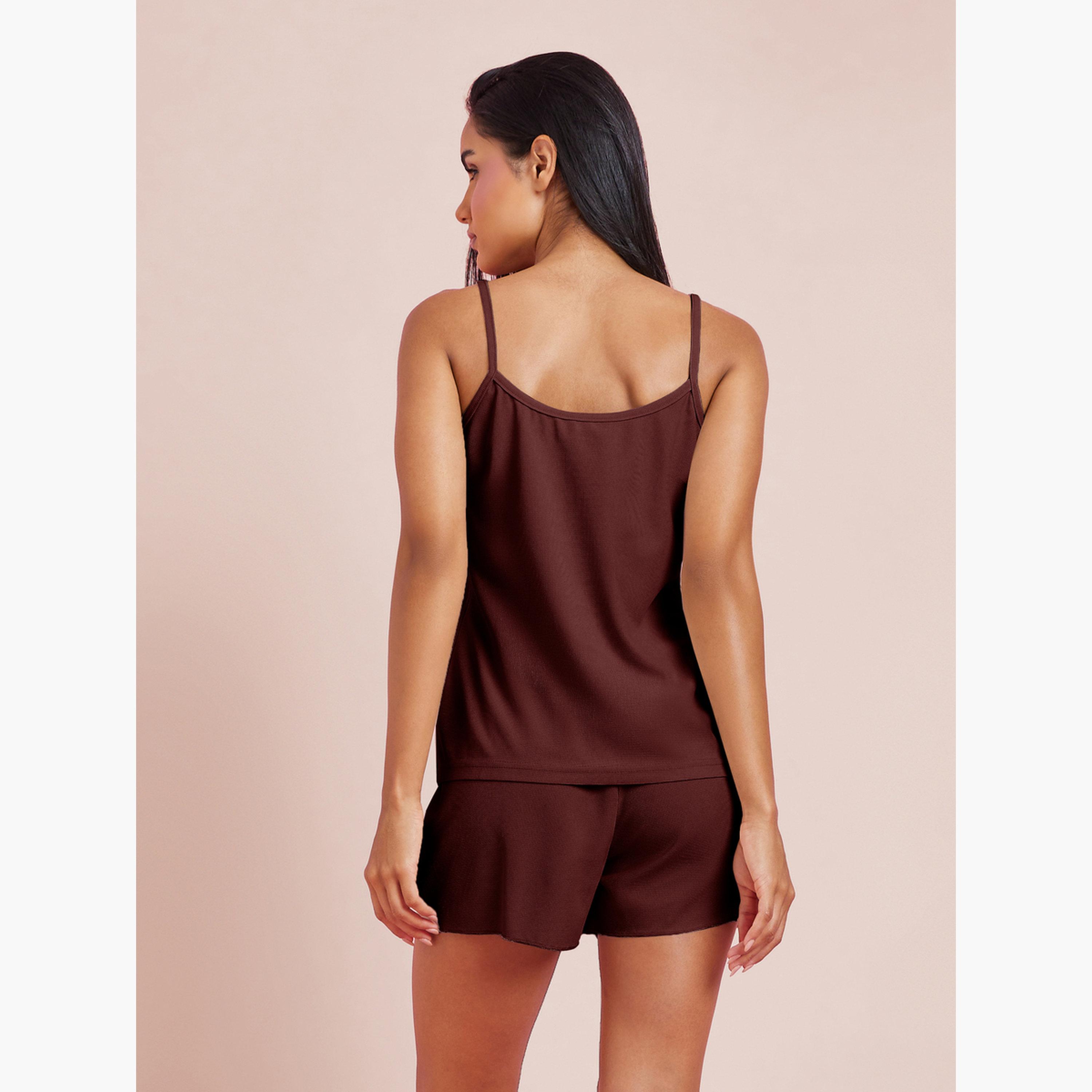 Styli Burgundy Waffle Placket Cami and Shorts Set-women-clothing-nightwear-pyjamas-shortsets-image-3