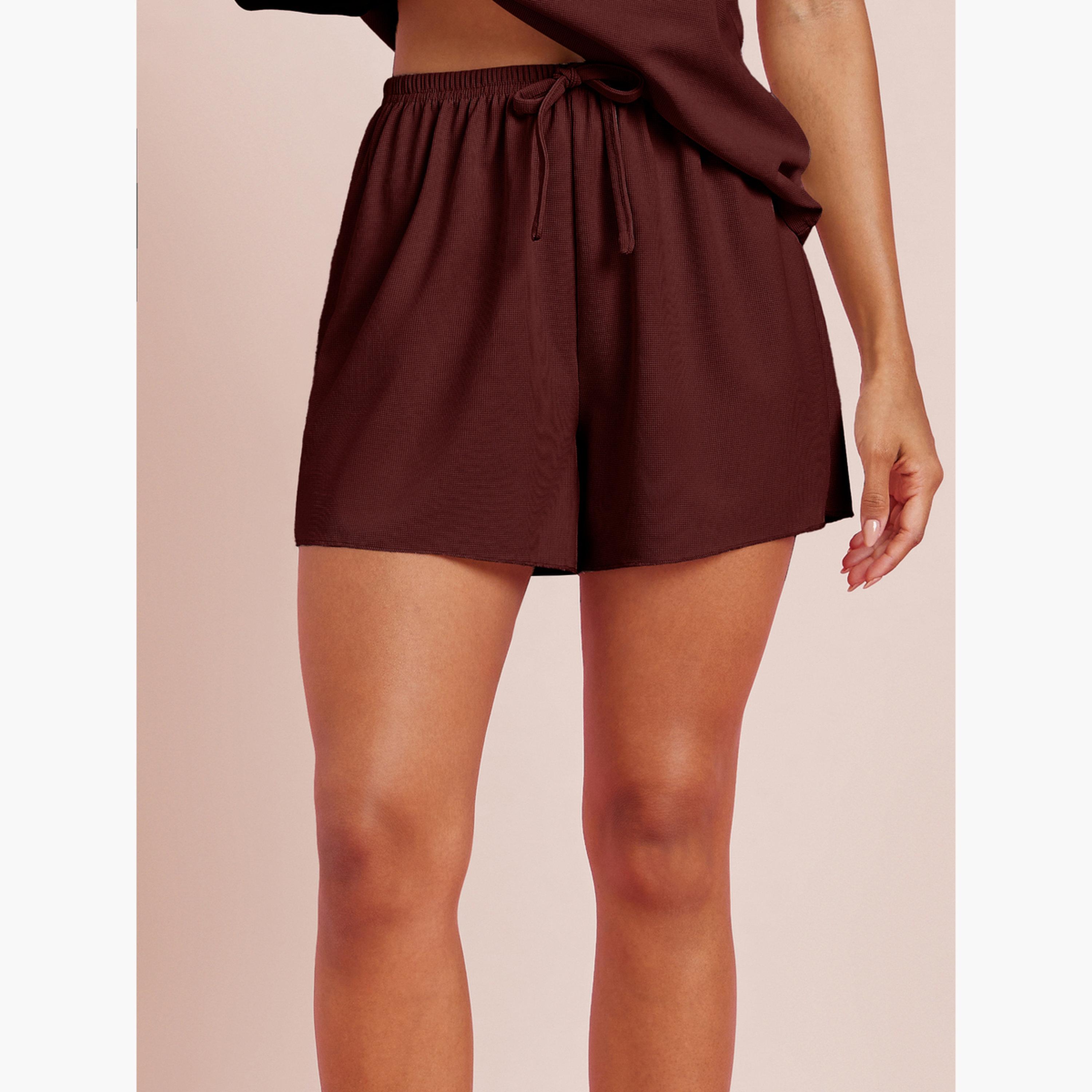Styli Burgundy Waffle Placket Cami and Shorts Set-women-clothing-nightwear-pyjamas-shortsets-image-4