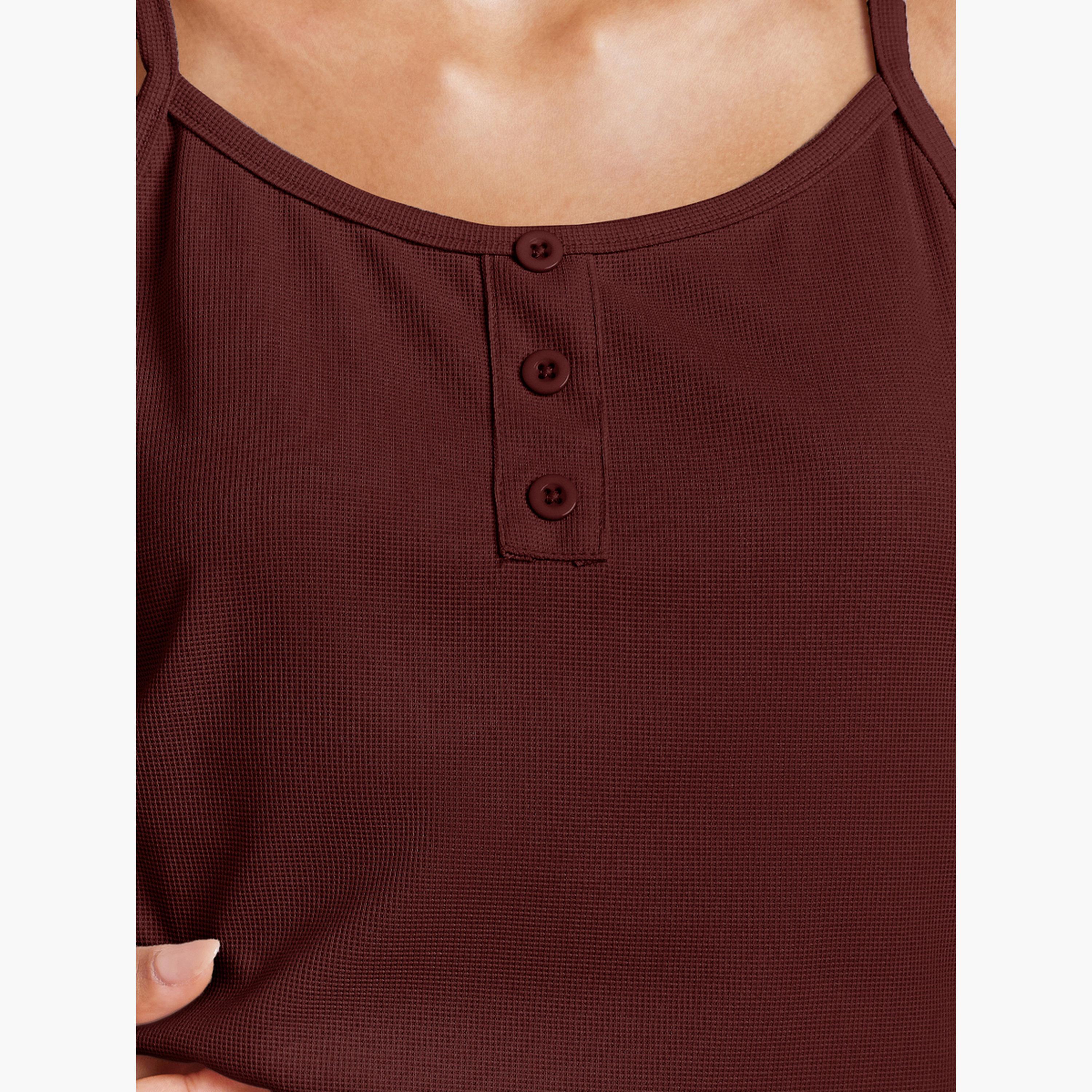 Styli Burgundy Waffle Placket Cami and Shorts Set-women-clothing-nightwear-pyjamas-shortsets-image-5