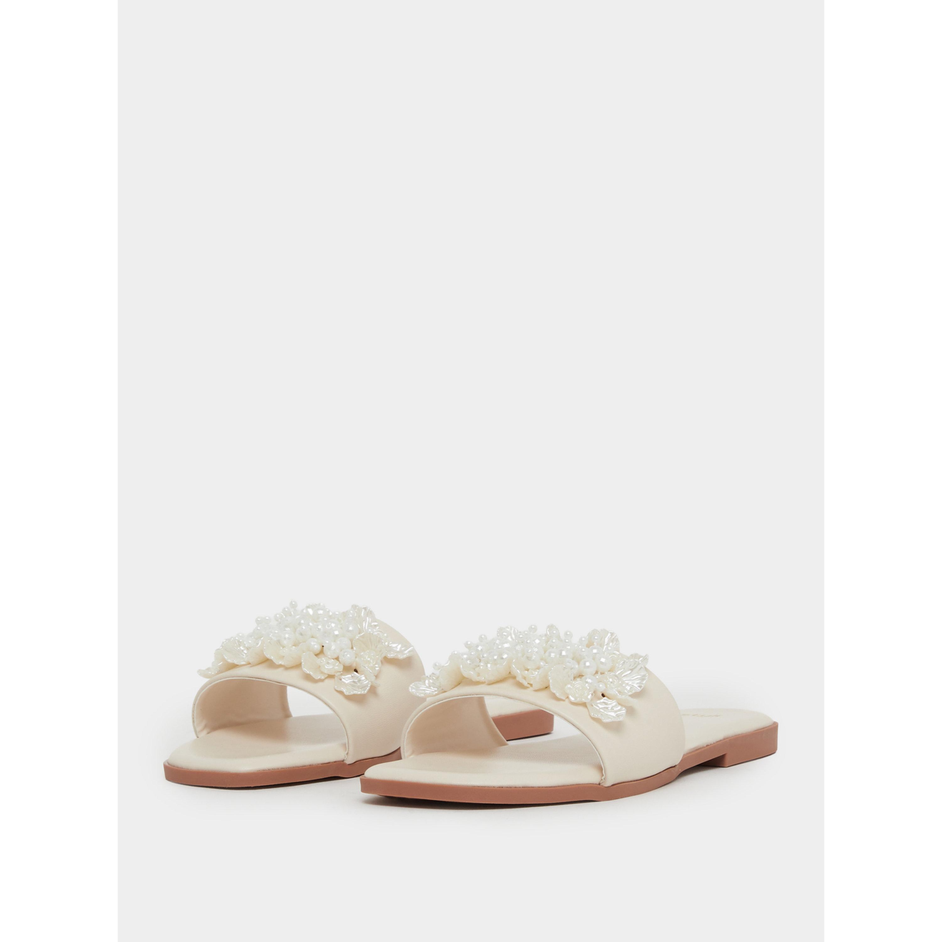 Styli Beige Pearl Embellished Flat Sandals-women-shoes-sandals-flats-image-1