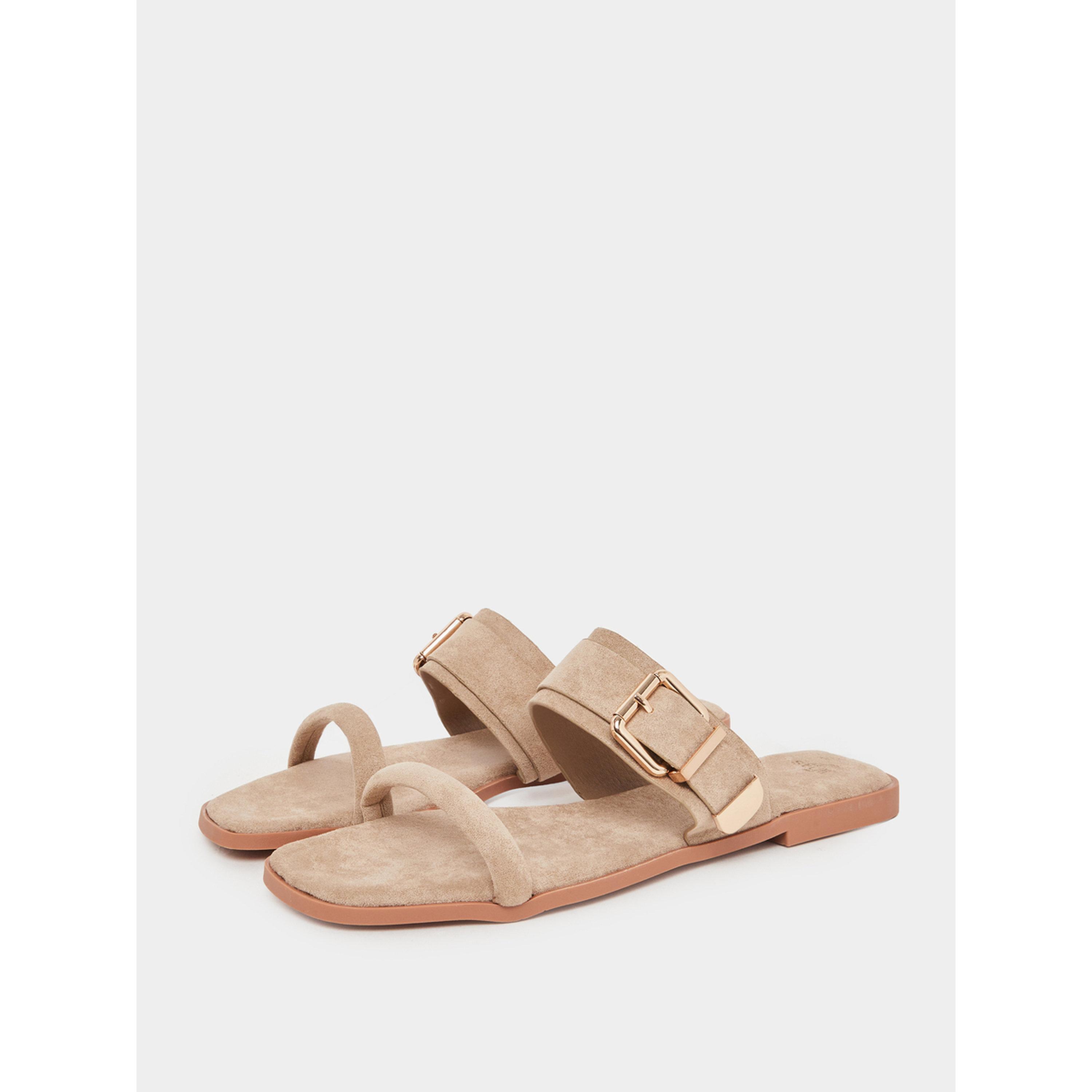 Styli Khaki Flat Sandals with Buckle Detail-women-shoes-sandals-flats-image-1