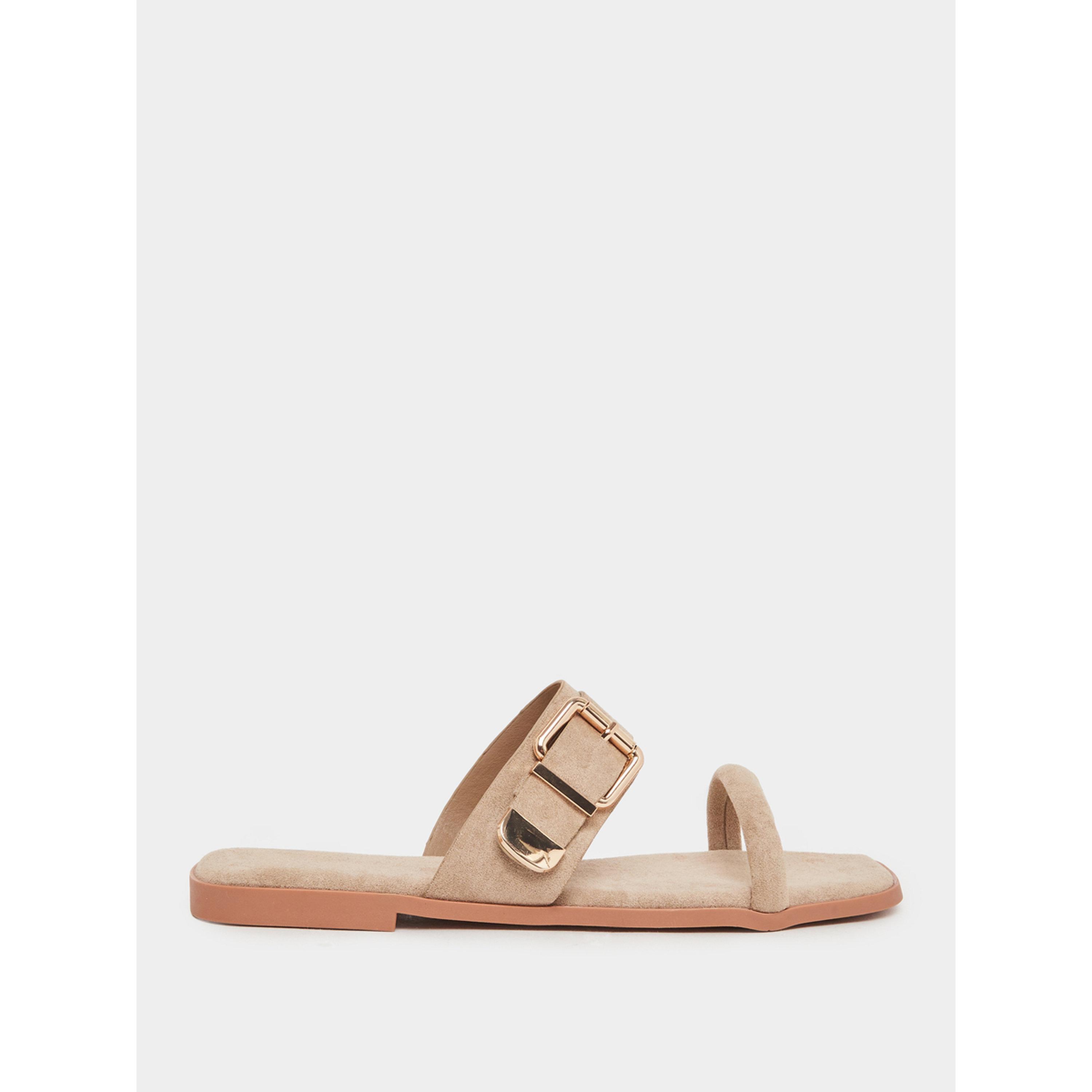 Styli Khaki Flat Sandals with Buckle Detail-women-shoes-sandals-flats-image-2