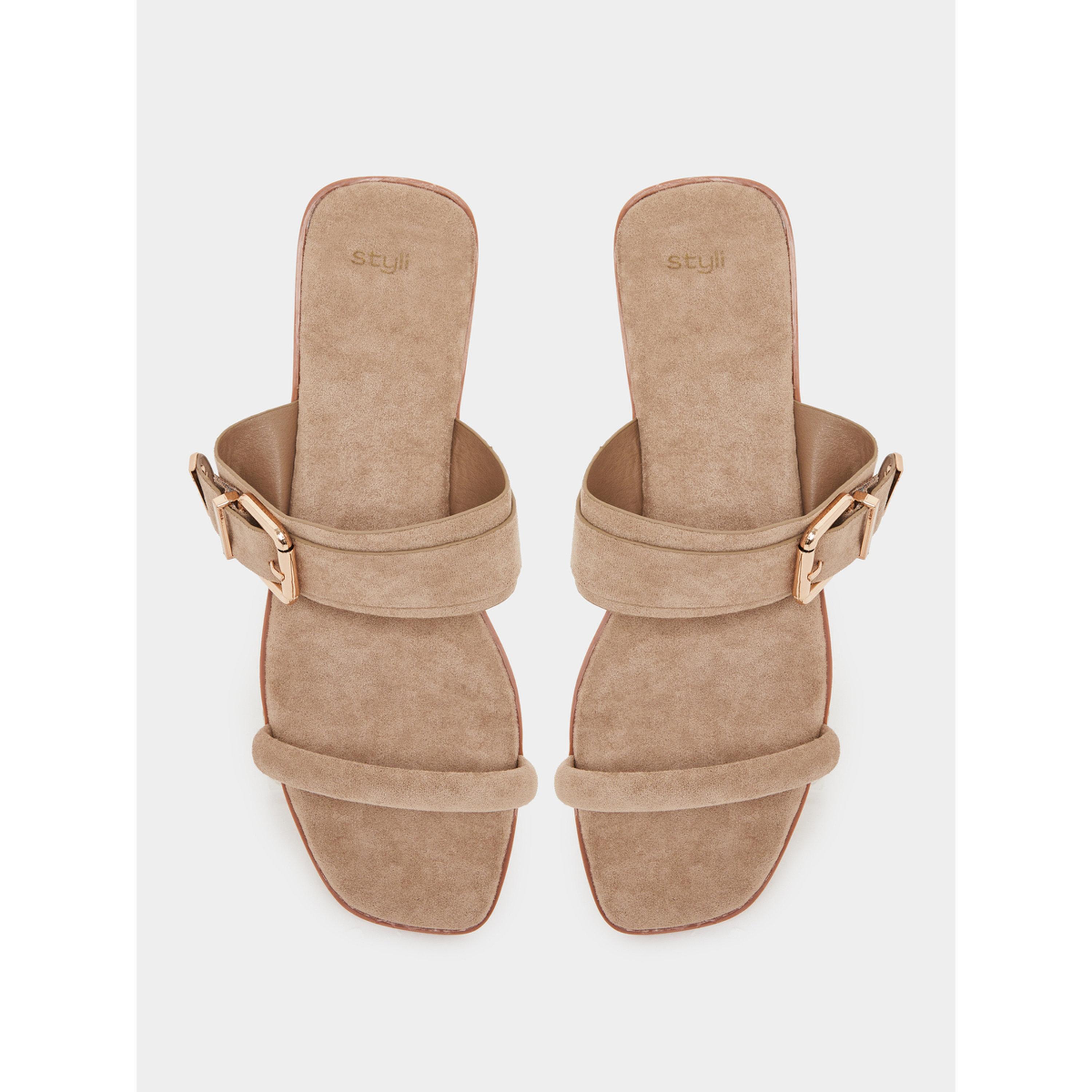 Styli Khaki Flat Sandals with Buckle Detail-women-shoes-sandals-flats-image-3