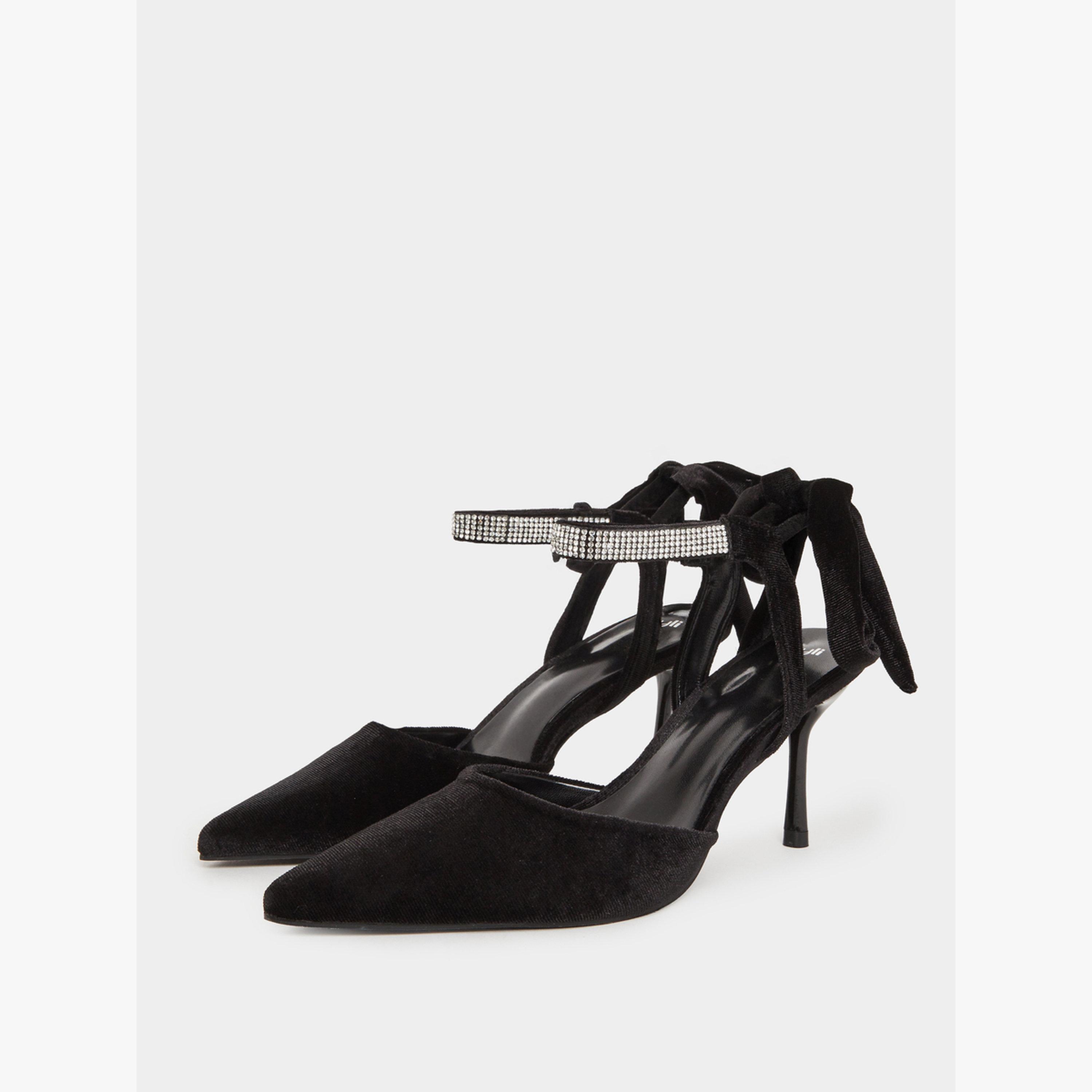 Styli Black Velvet Pointed Heels with Diamante Ankle Tie-women-shoes-heels-image-1