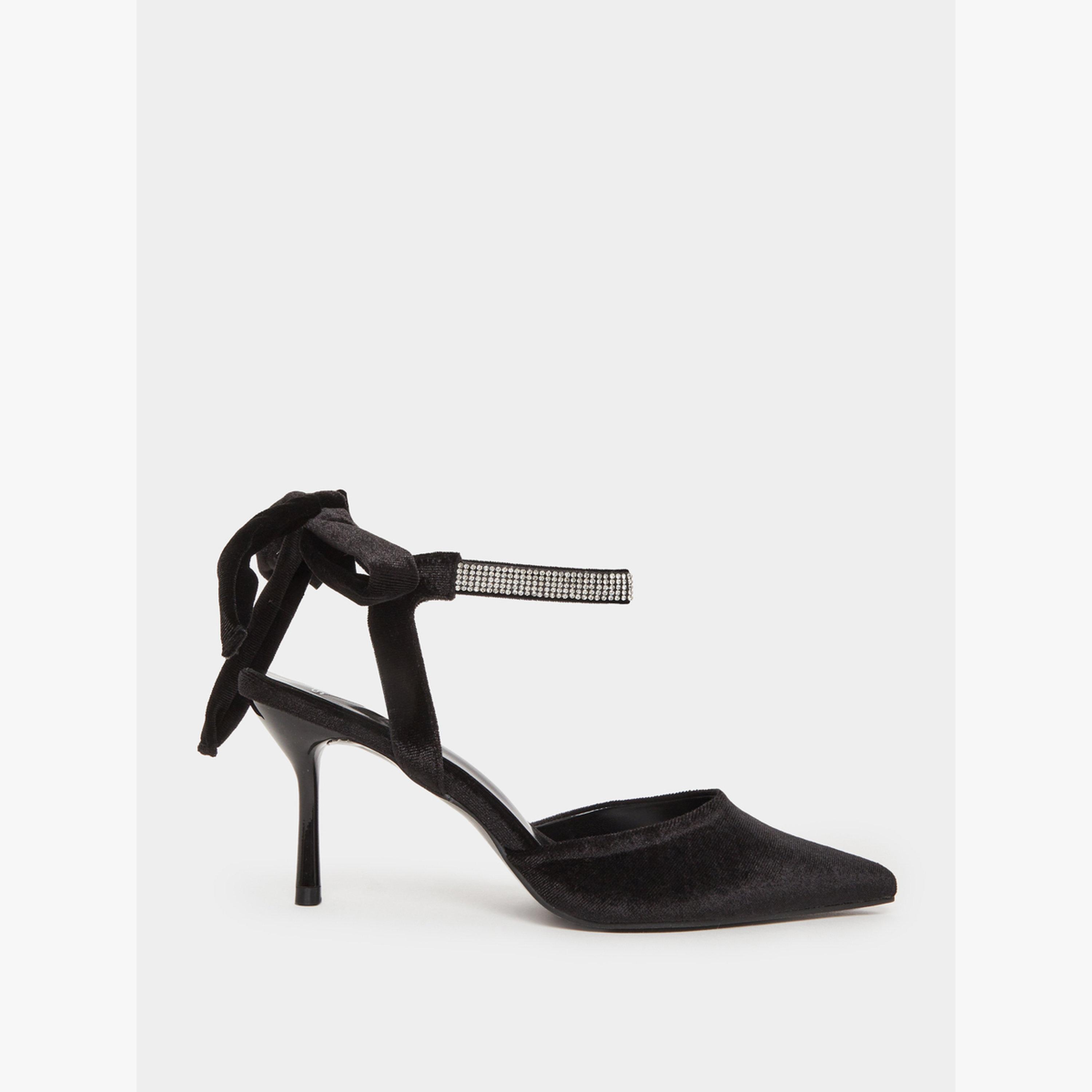 Styli Black Velvet Pointed Heels with Diamante Ankle Tie-women-shoes-heels-image-2