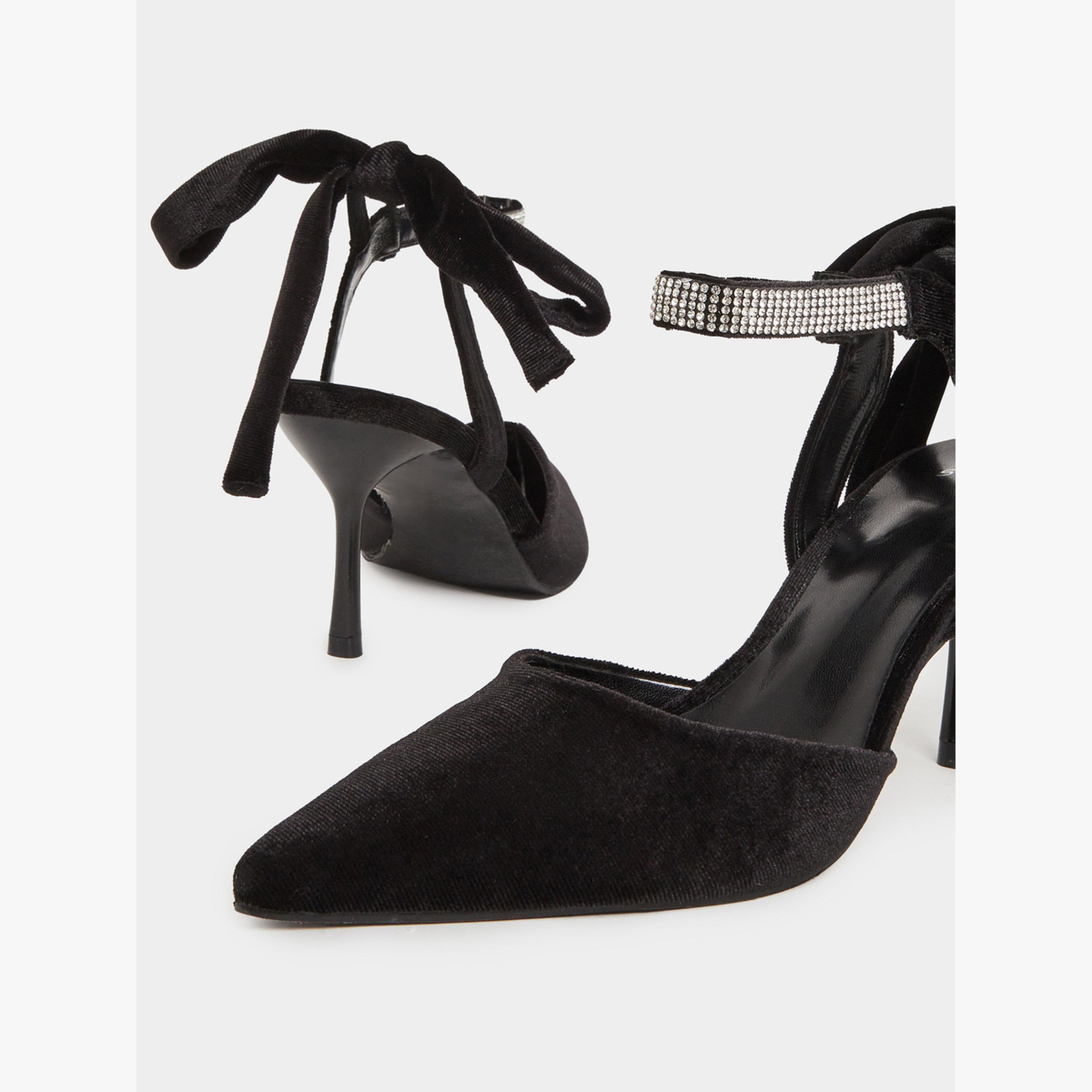 Styli Black Velvet Pointed Heels with Diamante Ankle Tie-women-shoes-heels-image-4