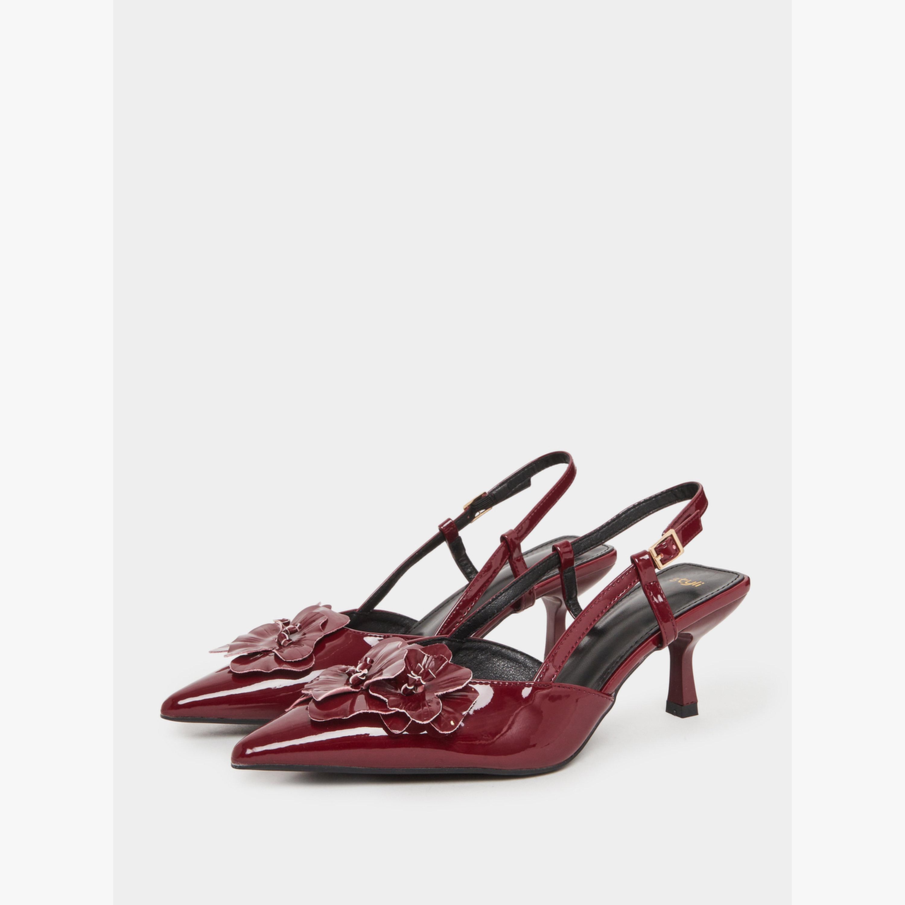 Styli Burgundy Slingback Heels with Flower Detail-women-shoes-heels-image-1