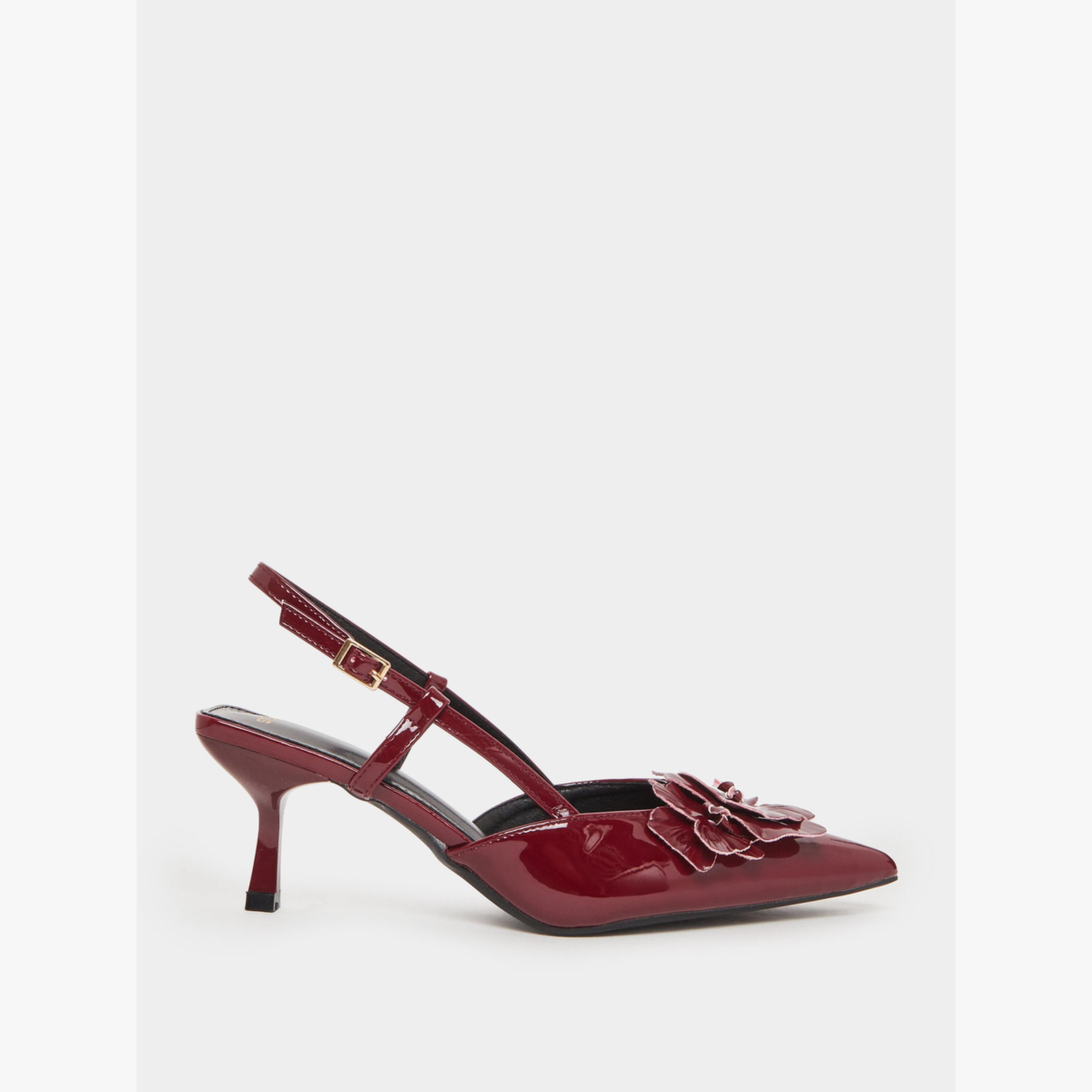 Styli Burgundy Slingback Heels with Flower Detail-women-shoes-heels-image-2