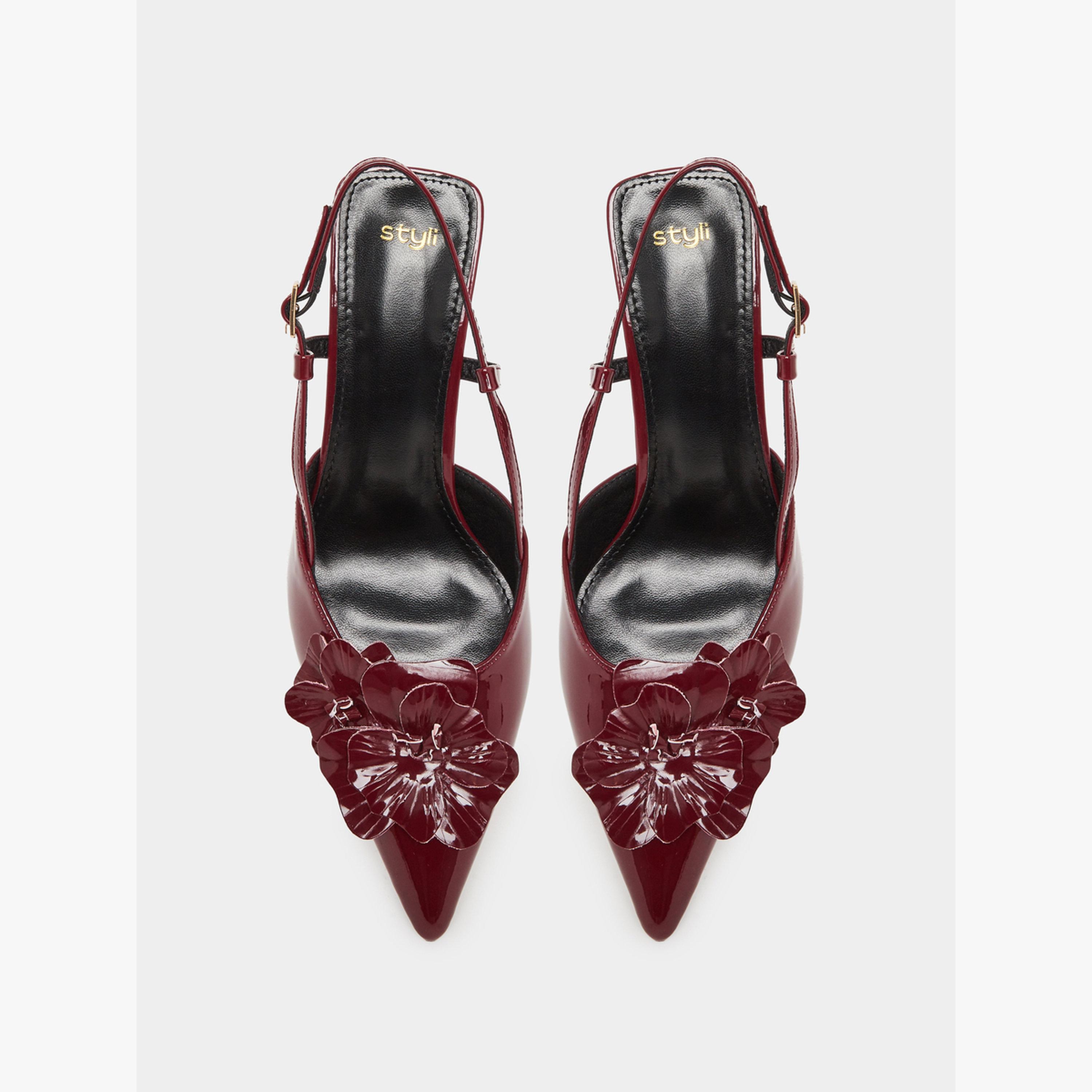 Styli Burgundy Slingback Heels with Flower Detail-women-shoes-heels-image-3