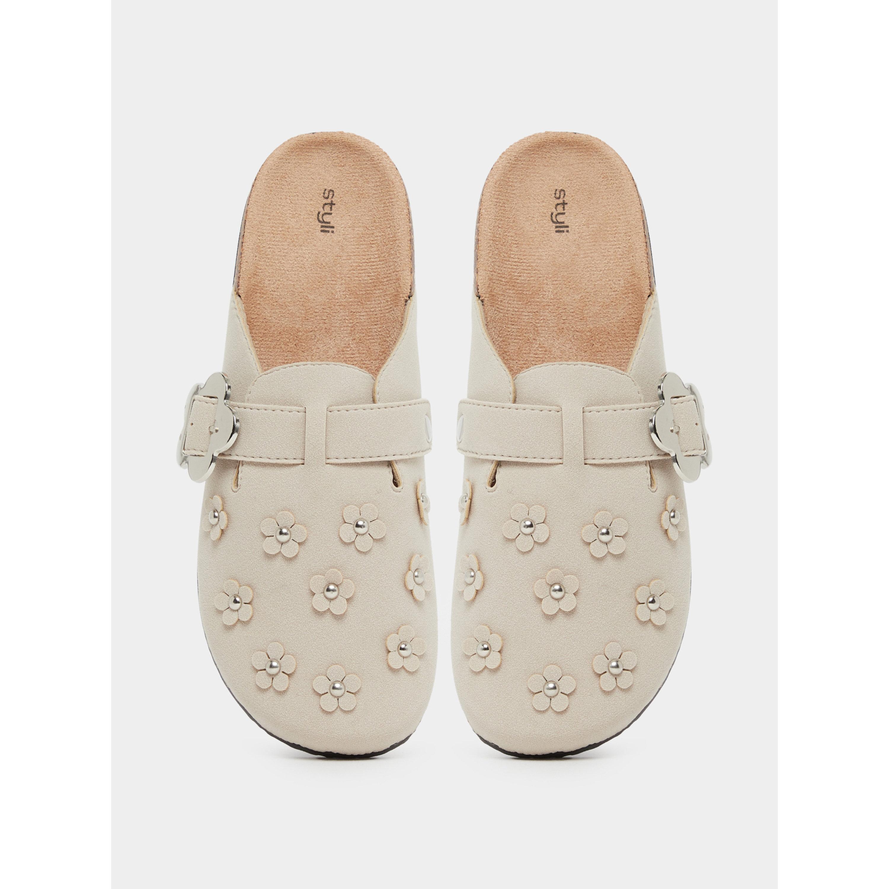 Styli Beige Floral Buckle Mules-women-shoes-flats-mules-image-3