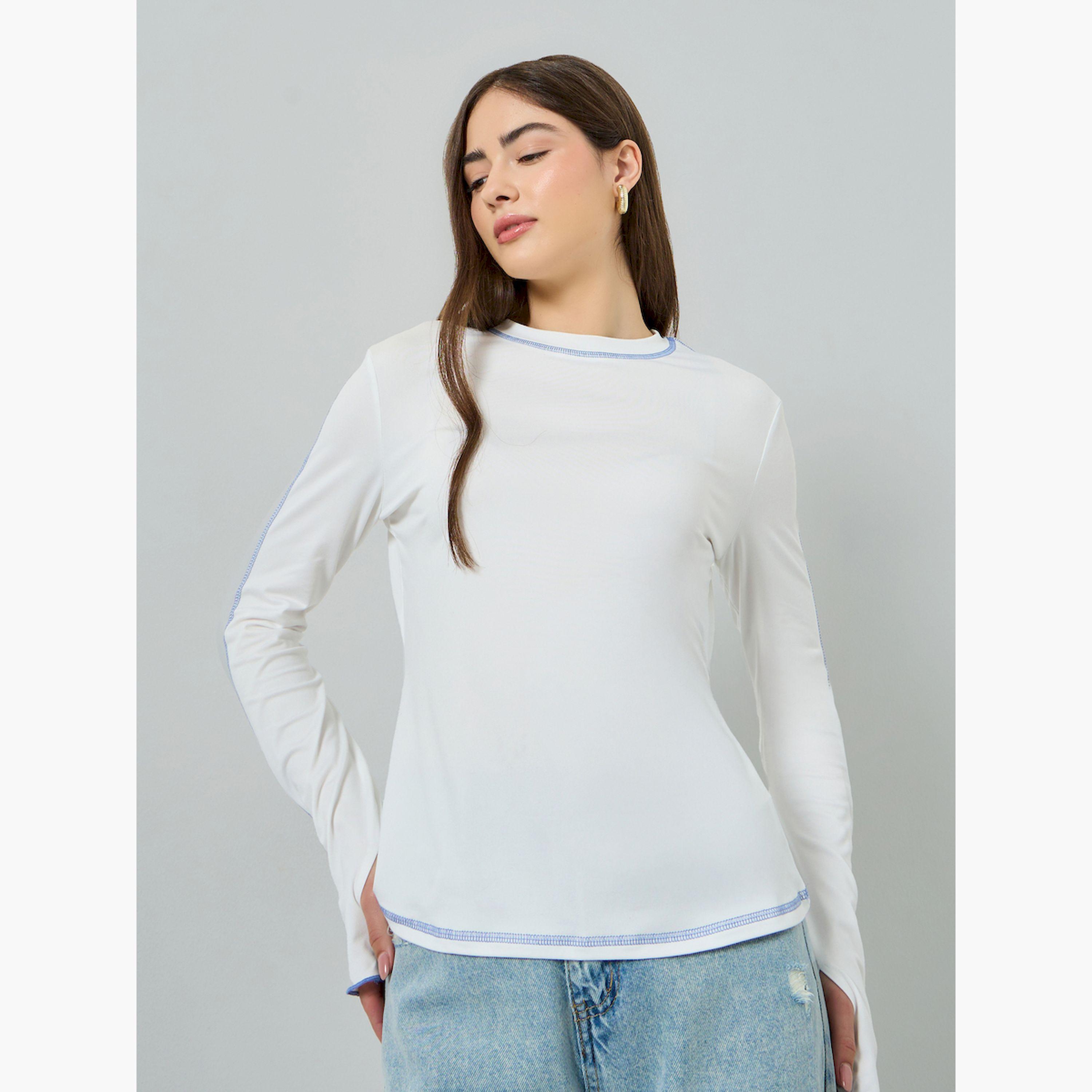 Styli White Overlock Stitch Detail T-Shirt-women-clothing-tshirts-image-1