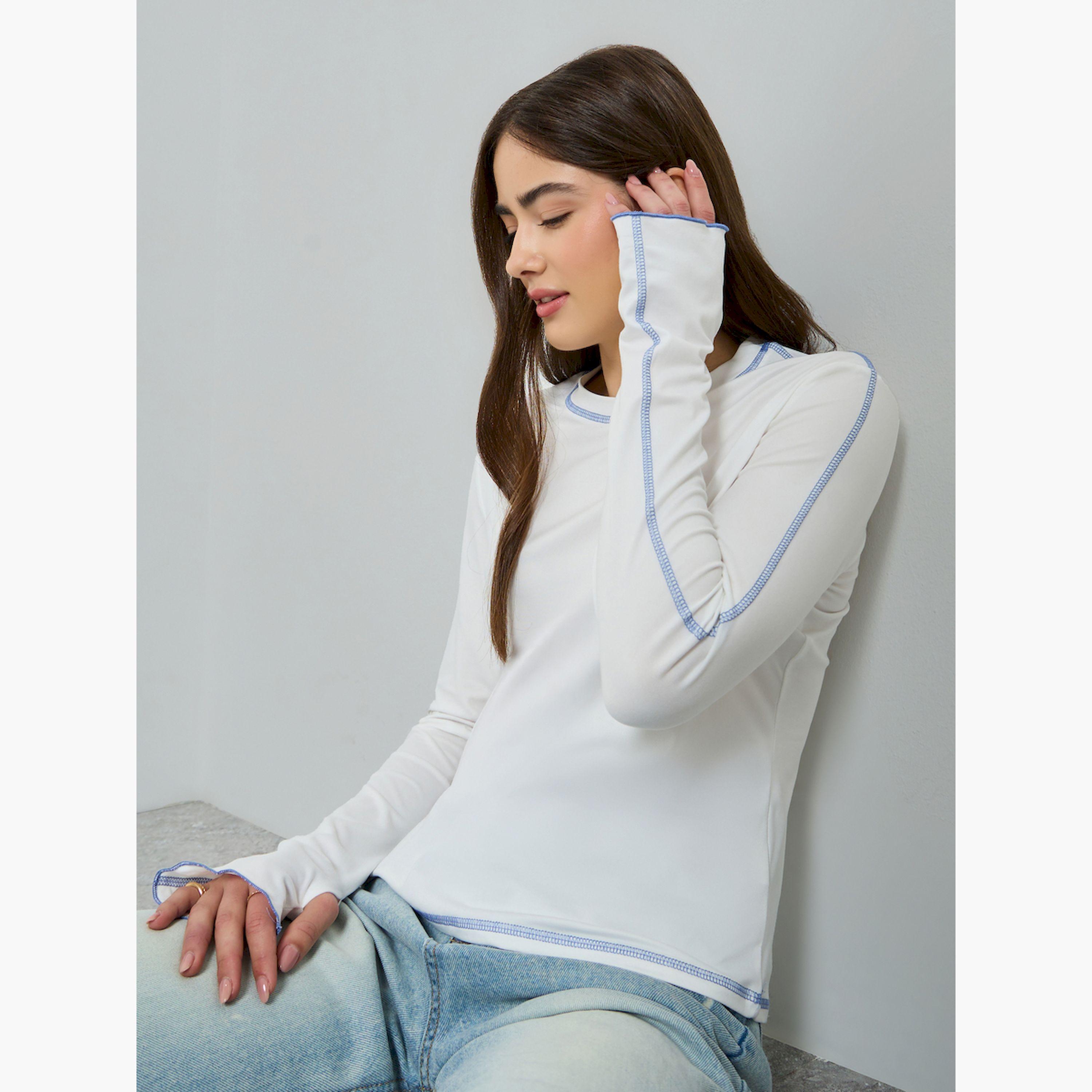 Styli White Overlock Stitch Detail T-Shirt-women-clothing-tshirts-image-3