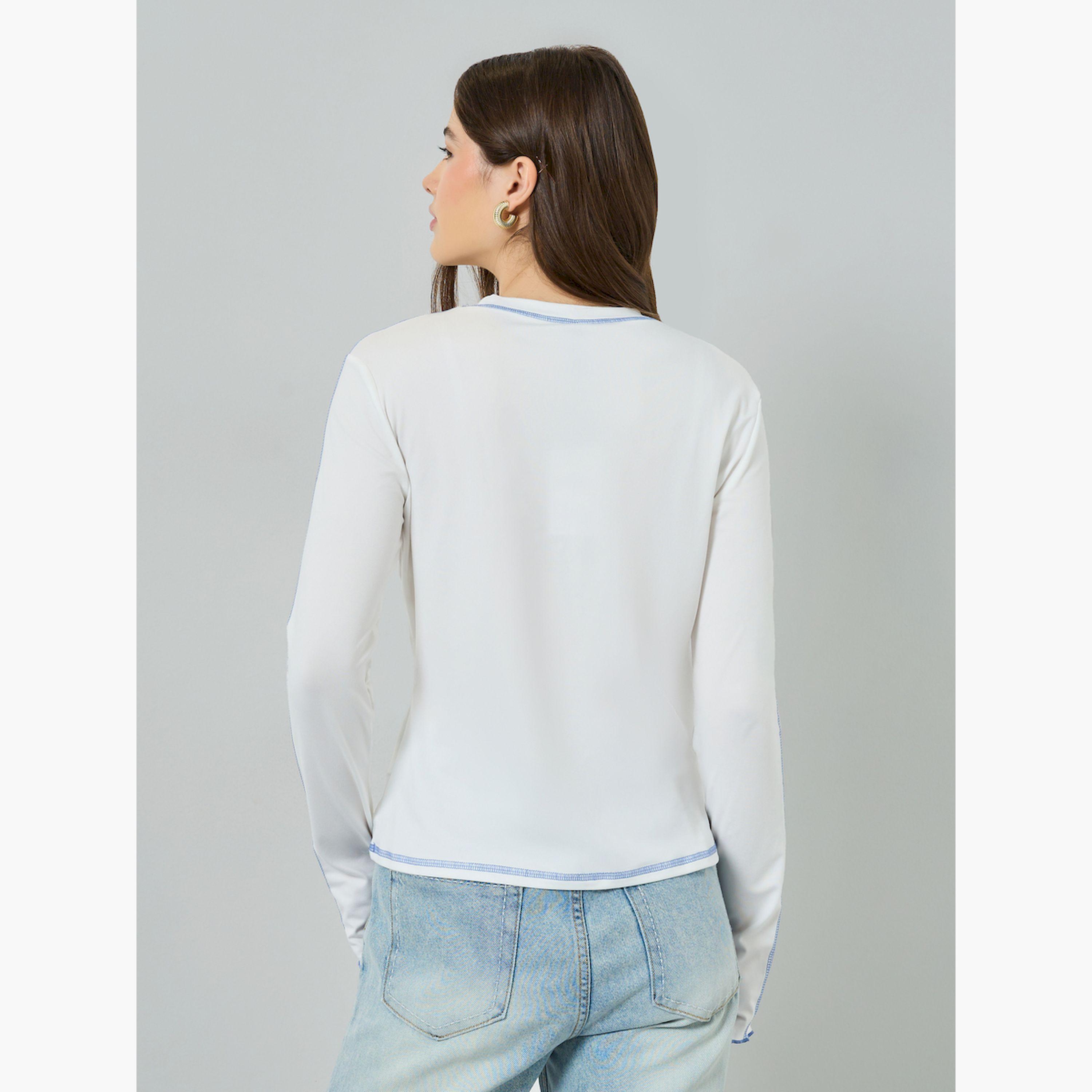 Styli White Overlock Stitch Detail T-Shirt-women-clothing-tshirts-image-4